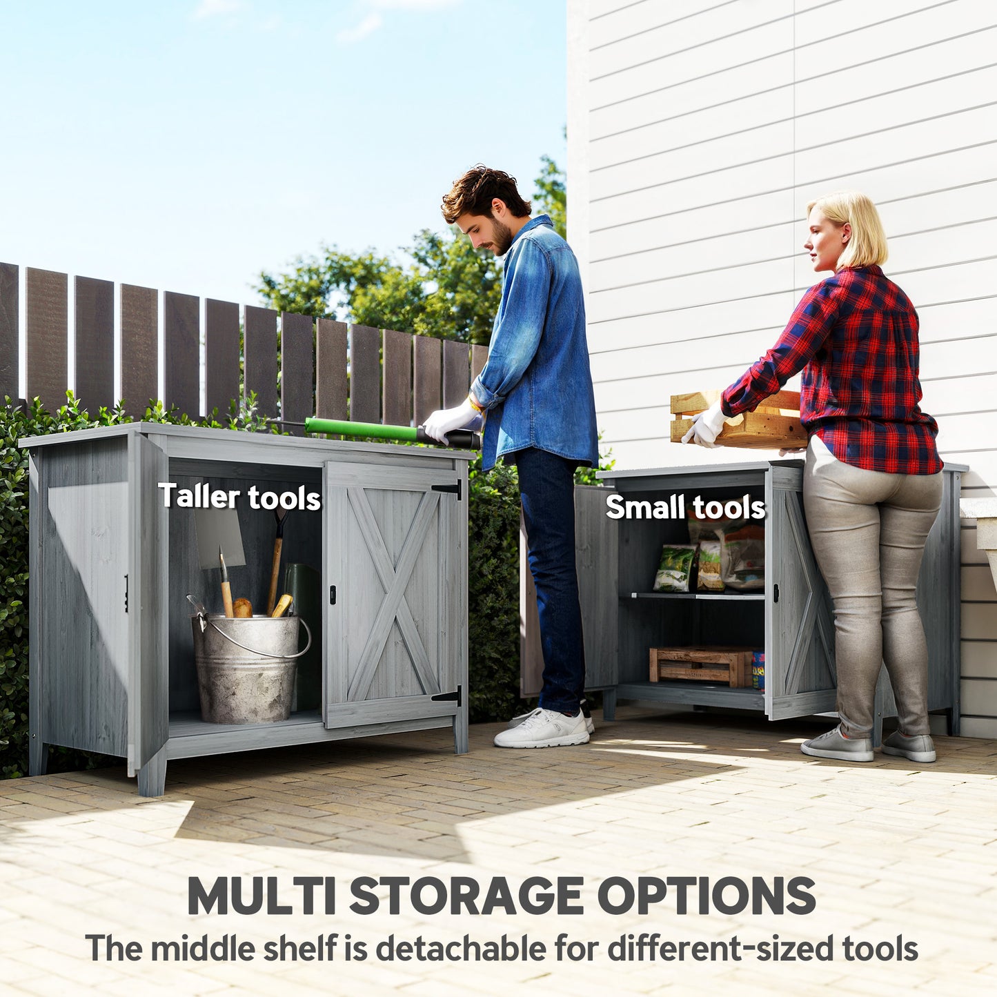 Outsunny Wooden Garden Shed With Shelf And Double Doors In Light Grey Outdoor Fir Wood Storage Shed