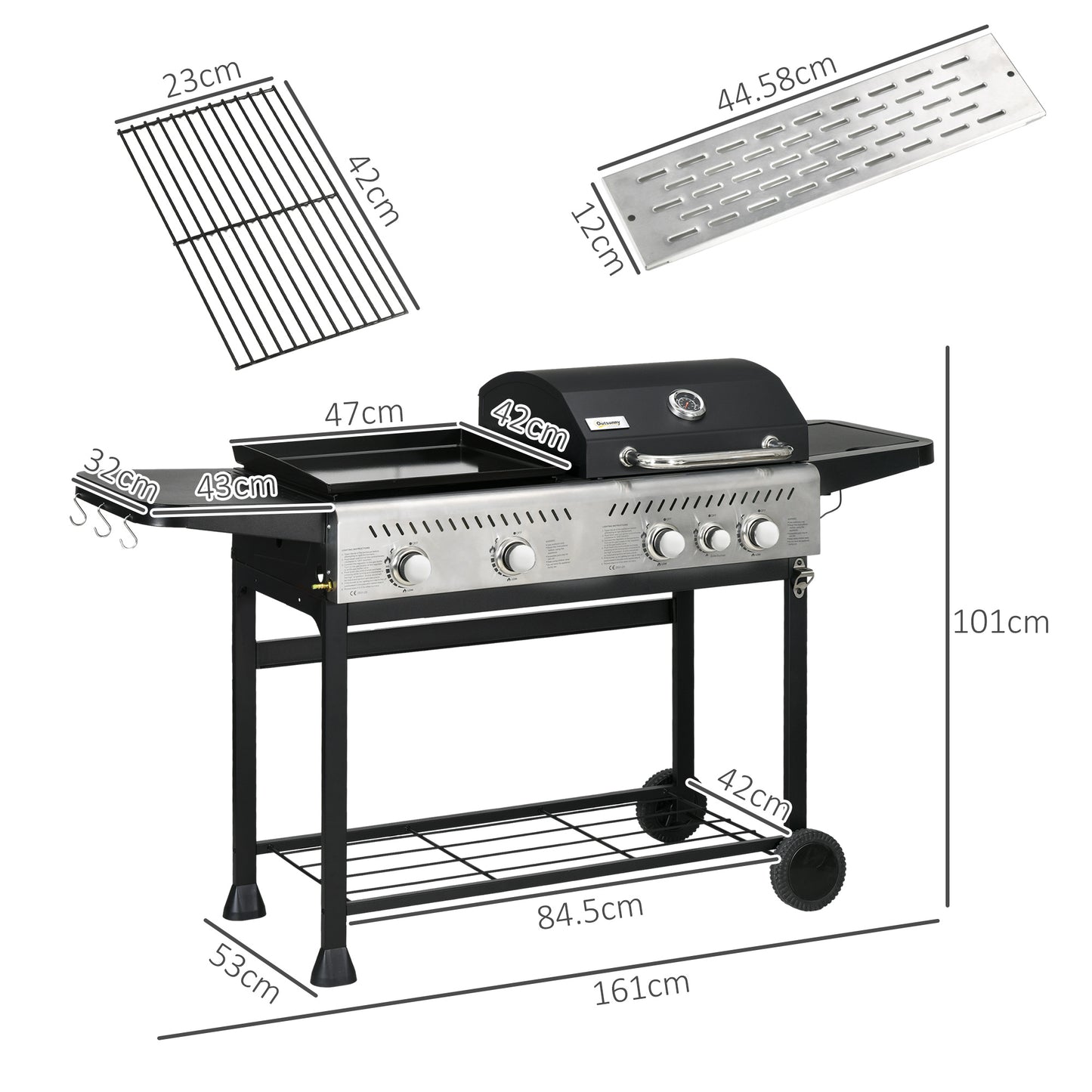 Outsunny 15kW Dual-Function Gas BBQ Grill and Plancha with Side Burner - Black - ALL4U RETAILER LTD