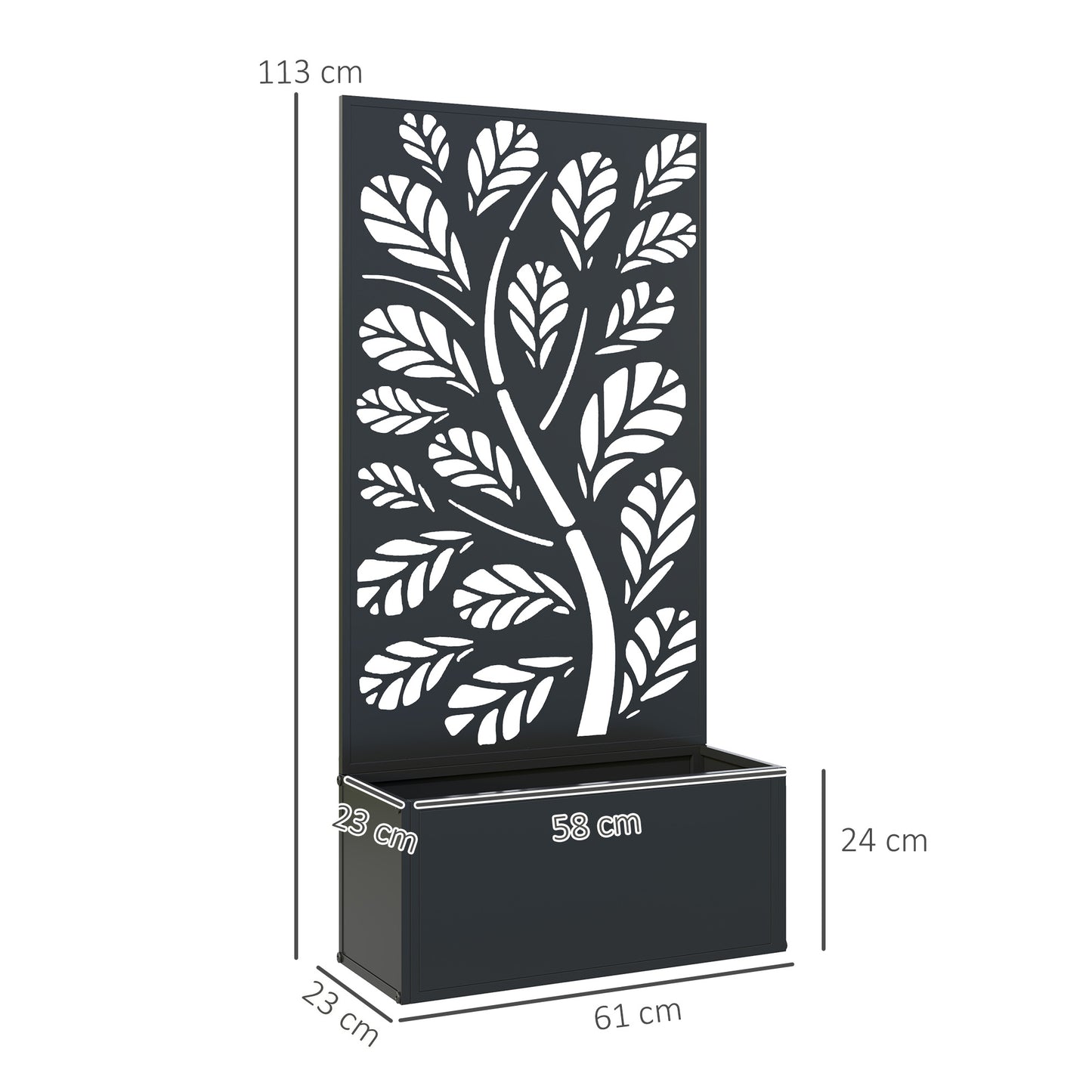 Outsunny Outdoor Metal Planter With Back Trellis Black Garden Planter Box 23 x 58 cm 32L Soil Capacity