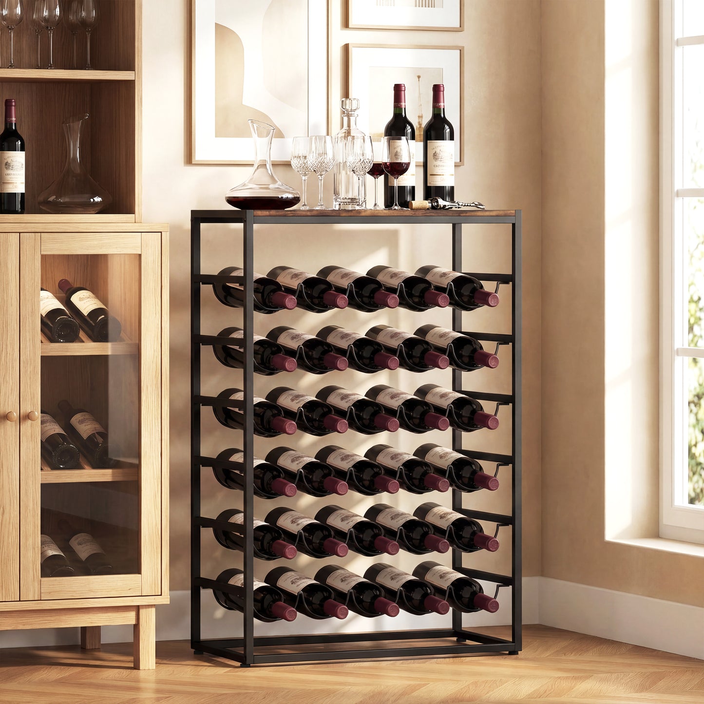HOMCOM 30 Bottles Wine Rack 6 Tier Free Standing Wine Storage Holder With Wood Effect Tabletop Rustic Brown