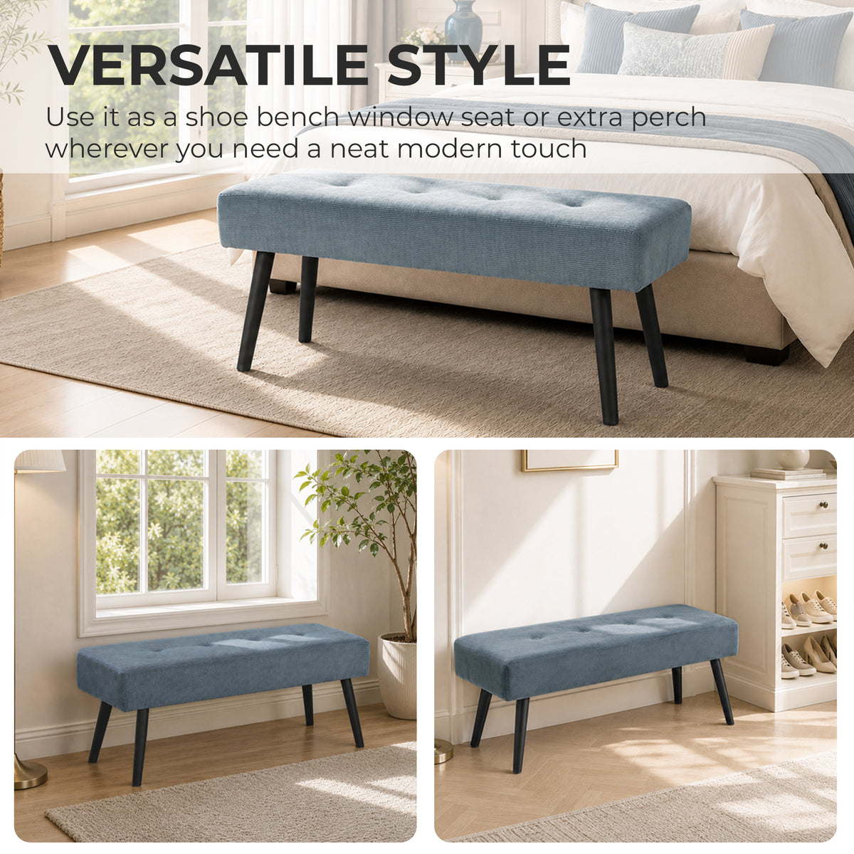 HOMCOM Blue Corduroy Tufted End Of Bed Bench With Padded Seat And Steel Legs