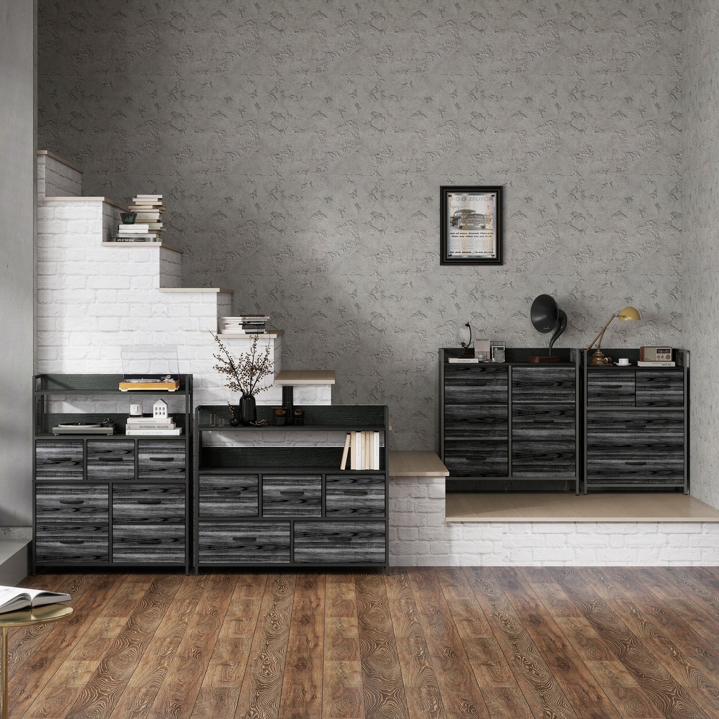 HOMCOM Rustic Chest of Four Fabric Drawers in Black for Bedroom Storage and Organizing Clothes