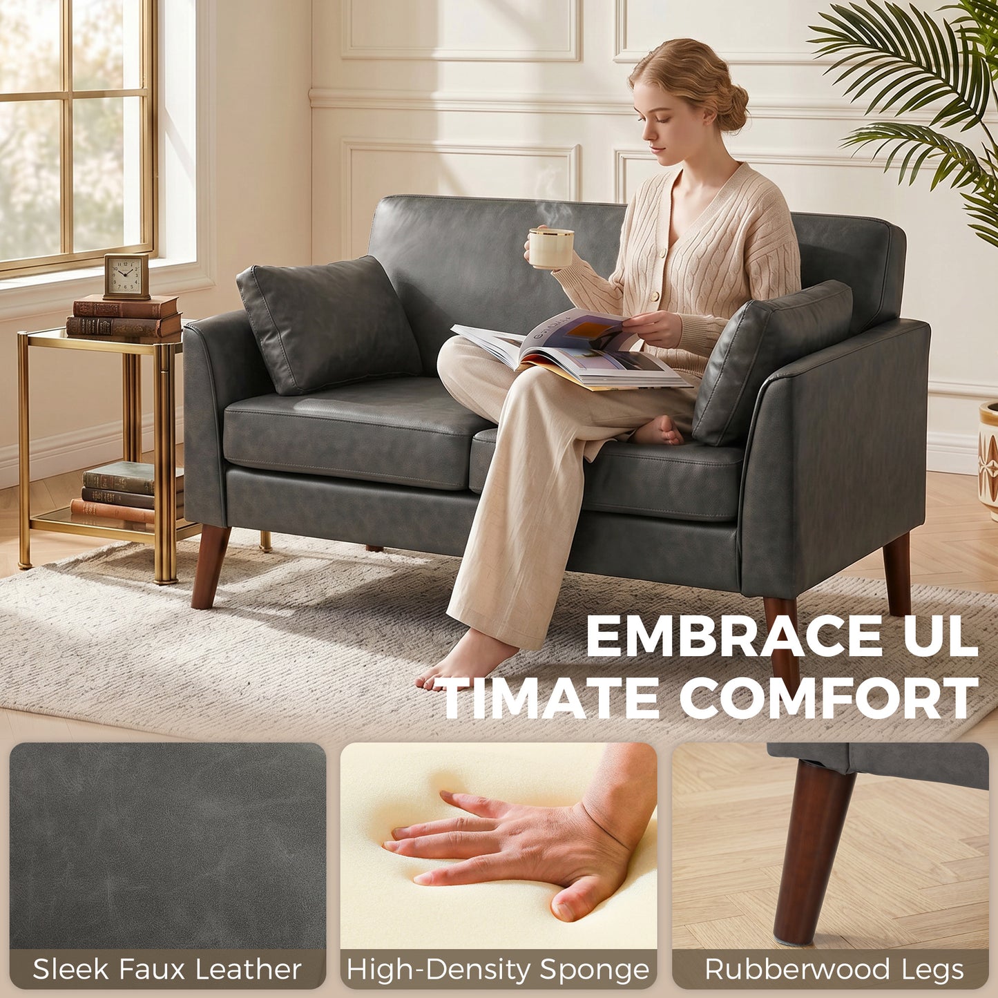 HOMCOM 2 Seater Sofa 132 Cm For Small Spaces With Solid Wood Legs And 2 Pillows In Grey Pebbled PU Leather