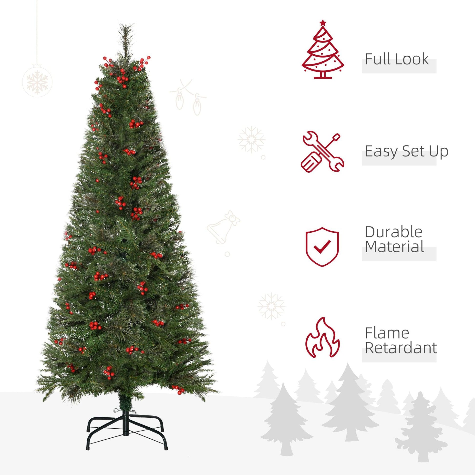 HOMCOM Realistic Branches Pencil Christmas Tree with Berries, Auto Open - Green - ALL4U RETAILER LTD