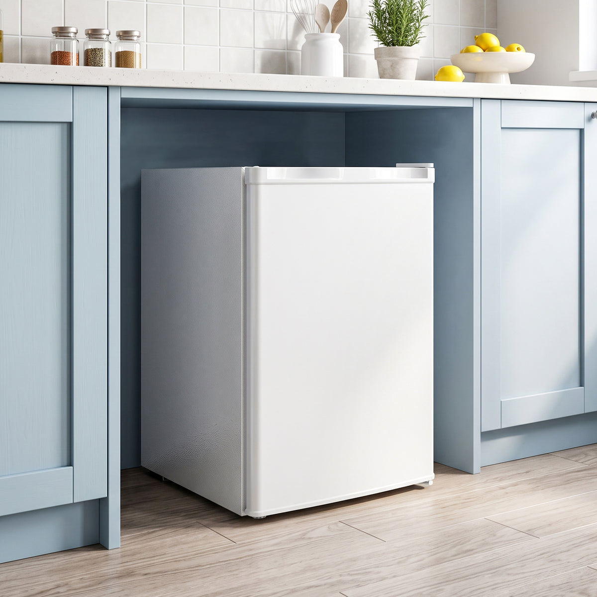 White countertop mini freezer with closed door and compact rectangular cabinet