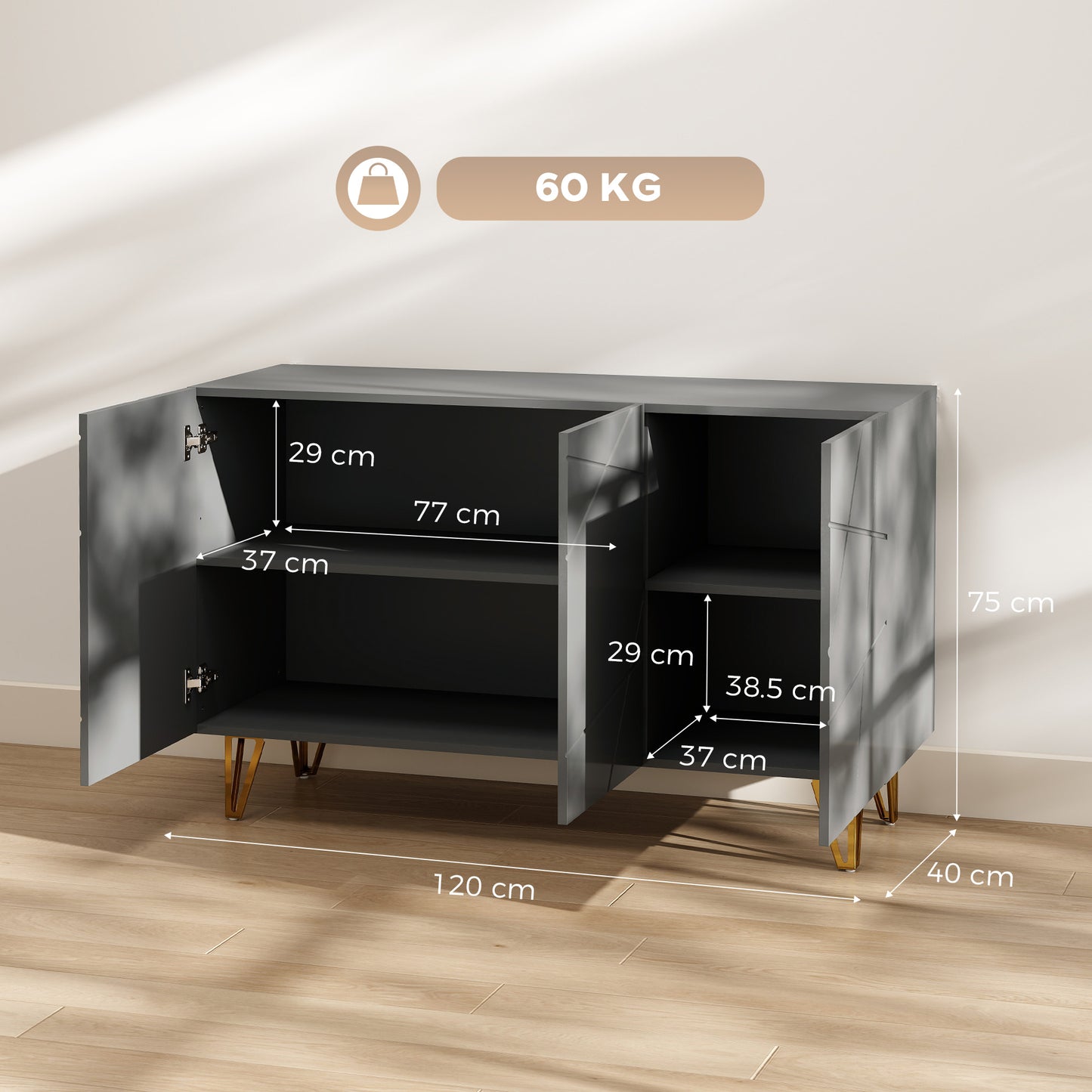 HOMCOM Modern Luxe High Gloss Sideboard with Hairpin Legs in Grey Gold Colored Finish with Two Large Storage Areas
