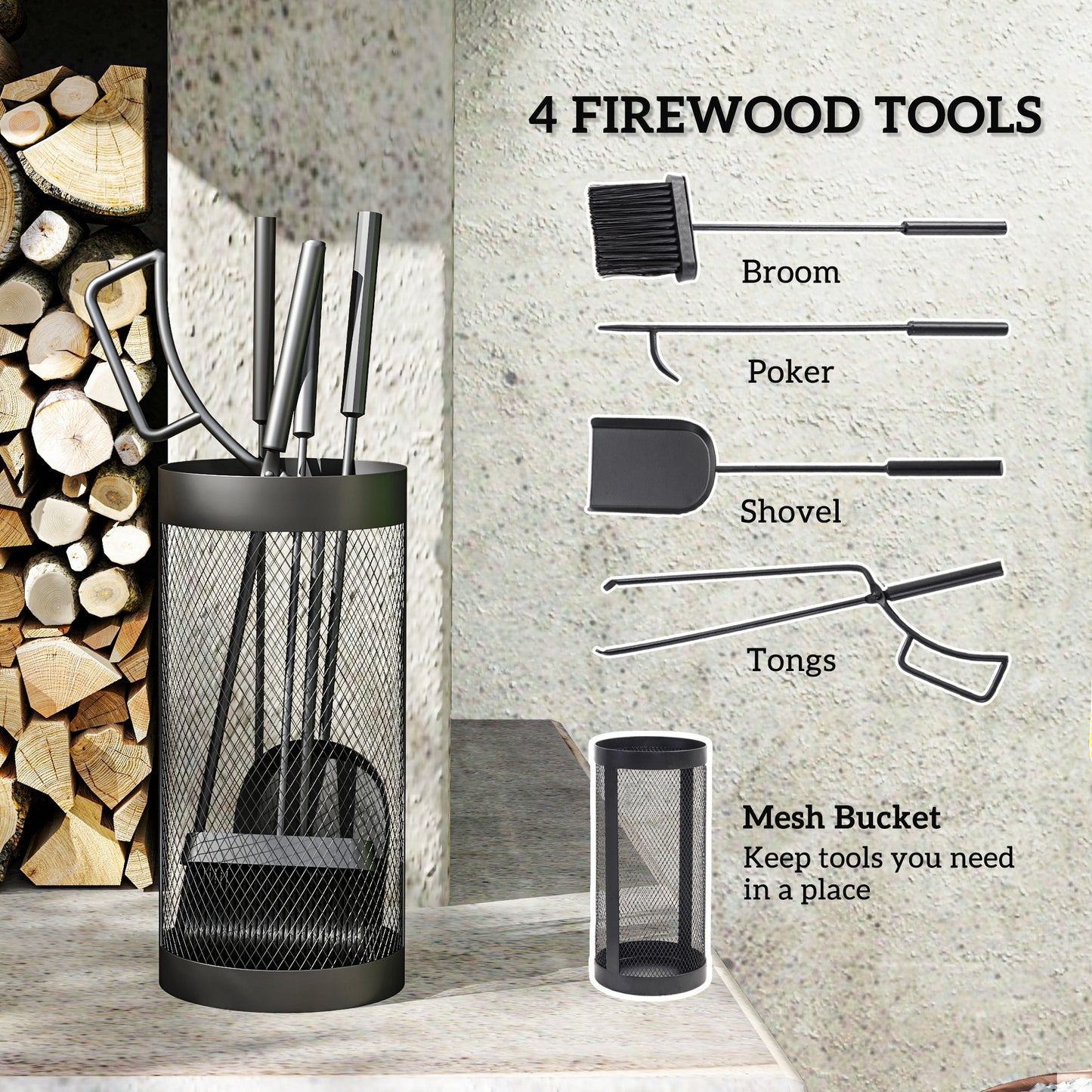 Outsunny 5 Piece Fireplace Tools Set With Mesh Basket Indoor Outdoor Fireside Accessories Black