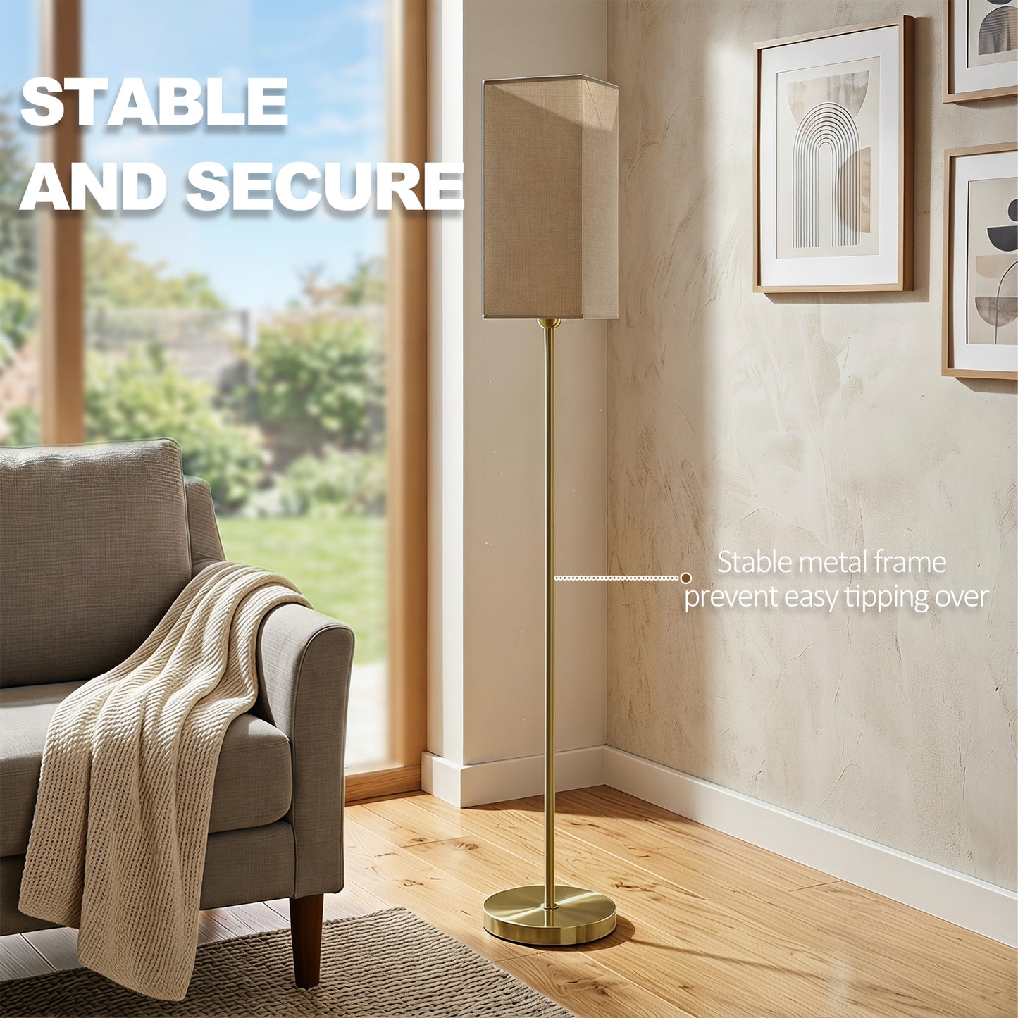 Modern Standing Floor Lamp With Faux Linen Shade And Foot Switch Gold