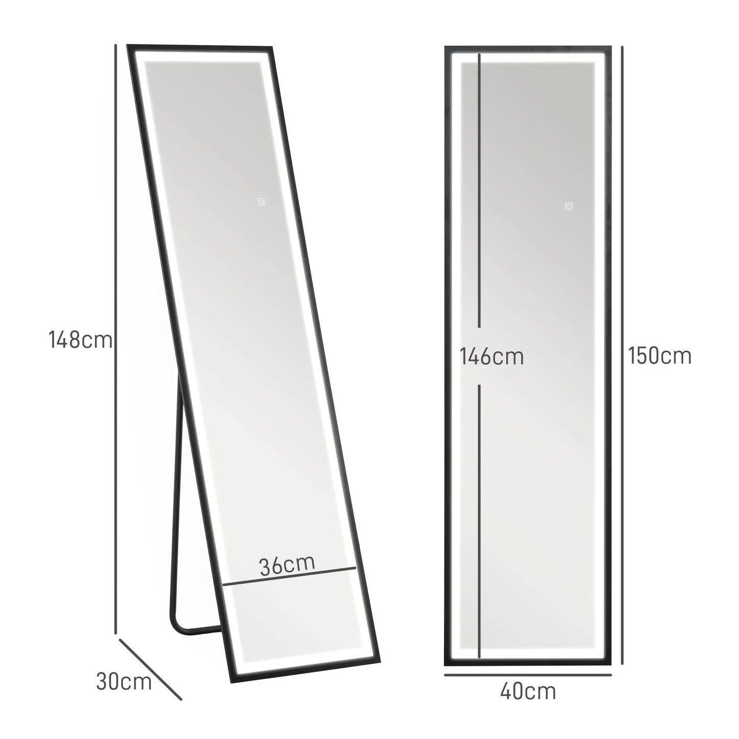 HOMCOM 150 x 40cm Adjustable LED Floor Length Mirror - Black - ALL4U RETAILER LTD