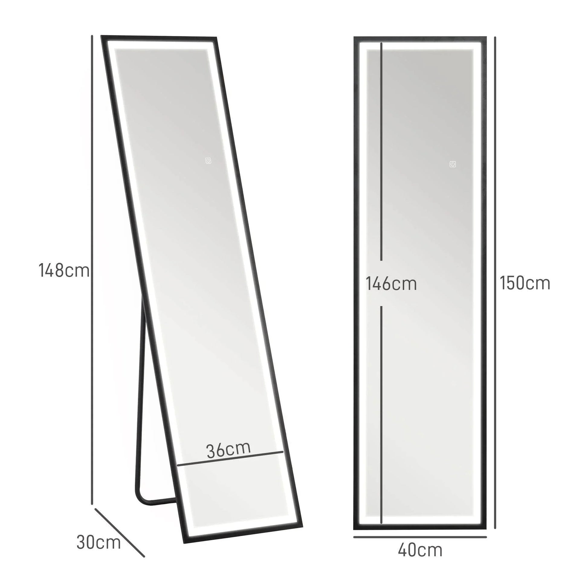 HOMCOM 150 x 40cm Adjustable LED Floor Length Mirror - Black - ALL4U RETAILER LTD