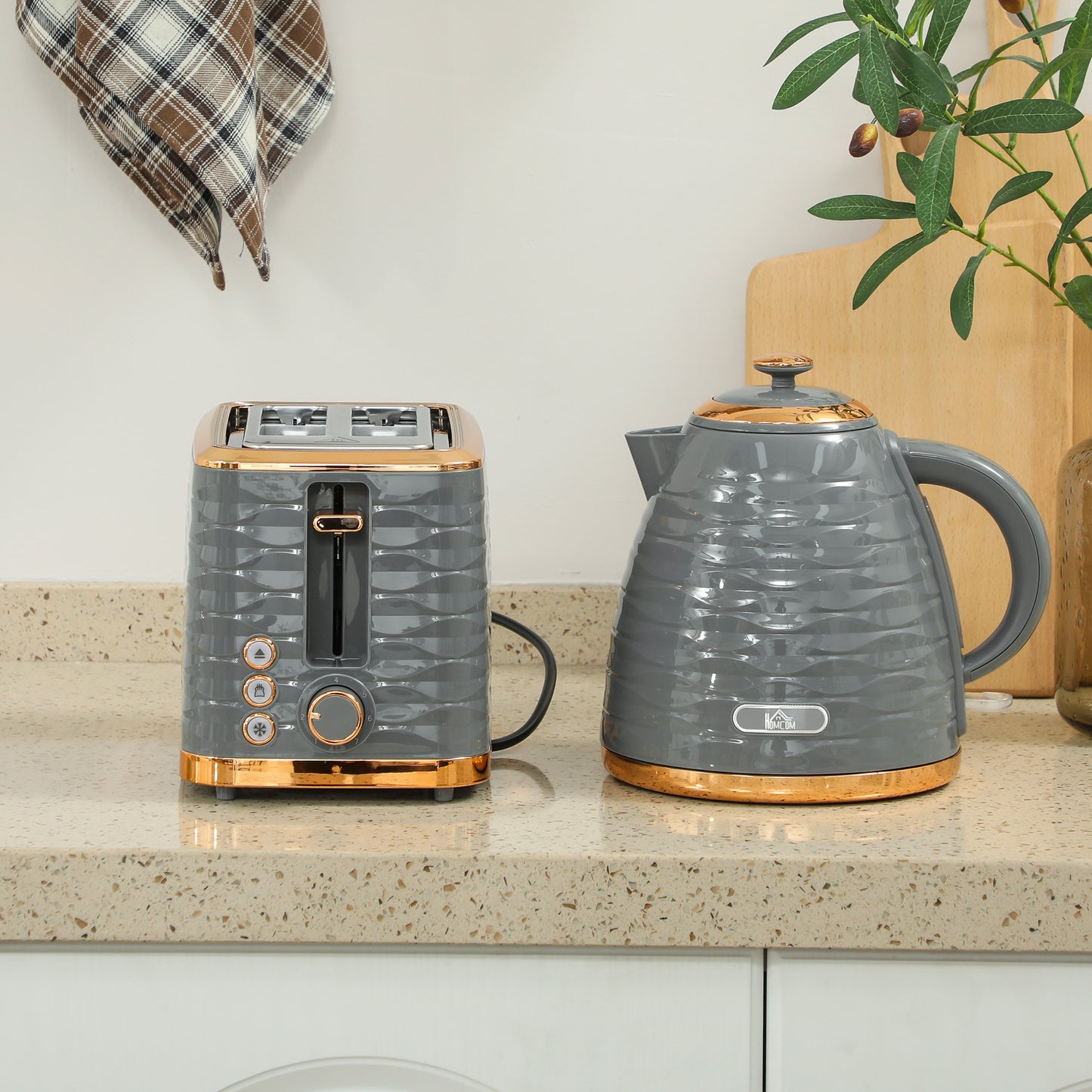 HOMCOM 3000W 1.7L Rapid Boil Kettle And 2 Slice Toaster Set In Grey With 7 Browning Levels And Crumb Tray