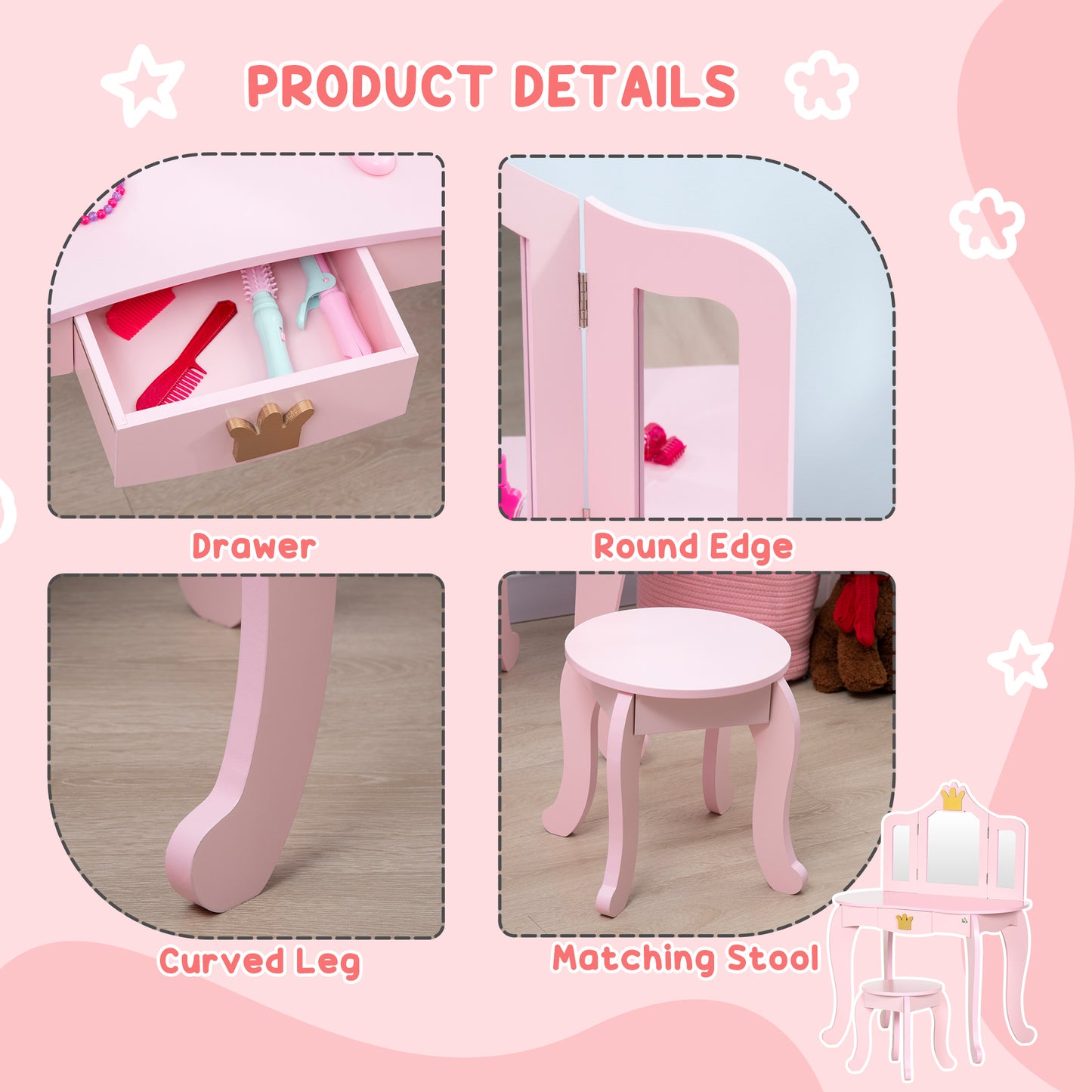 HOMCOM Princess-Themed Kids Vanity Set with Rotating Mirrors and Drawer, Pink Dressing Table and Stool for Girls - ALL4U RETAILER LTD