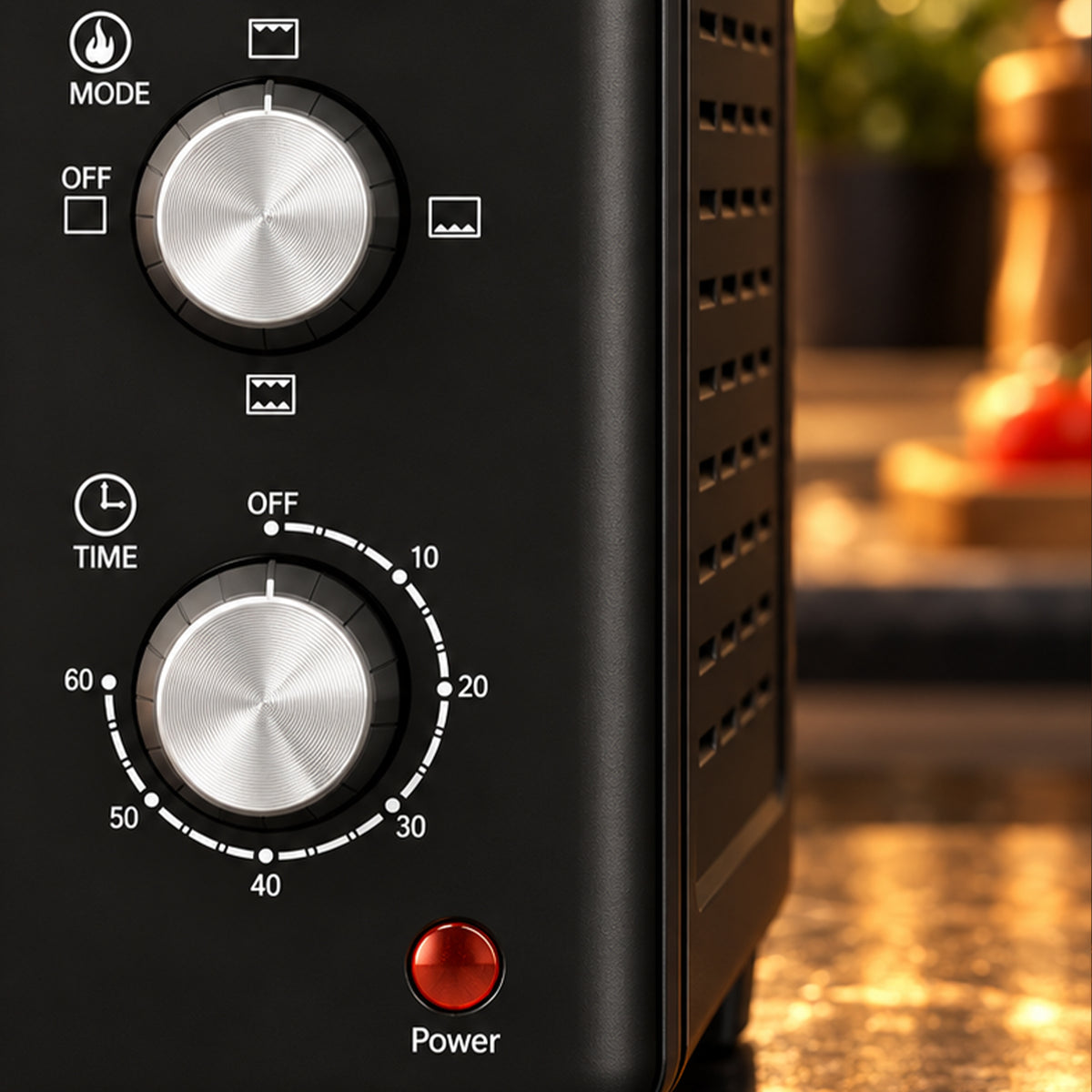 Black mini oven control panel with two silver dials and power button