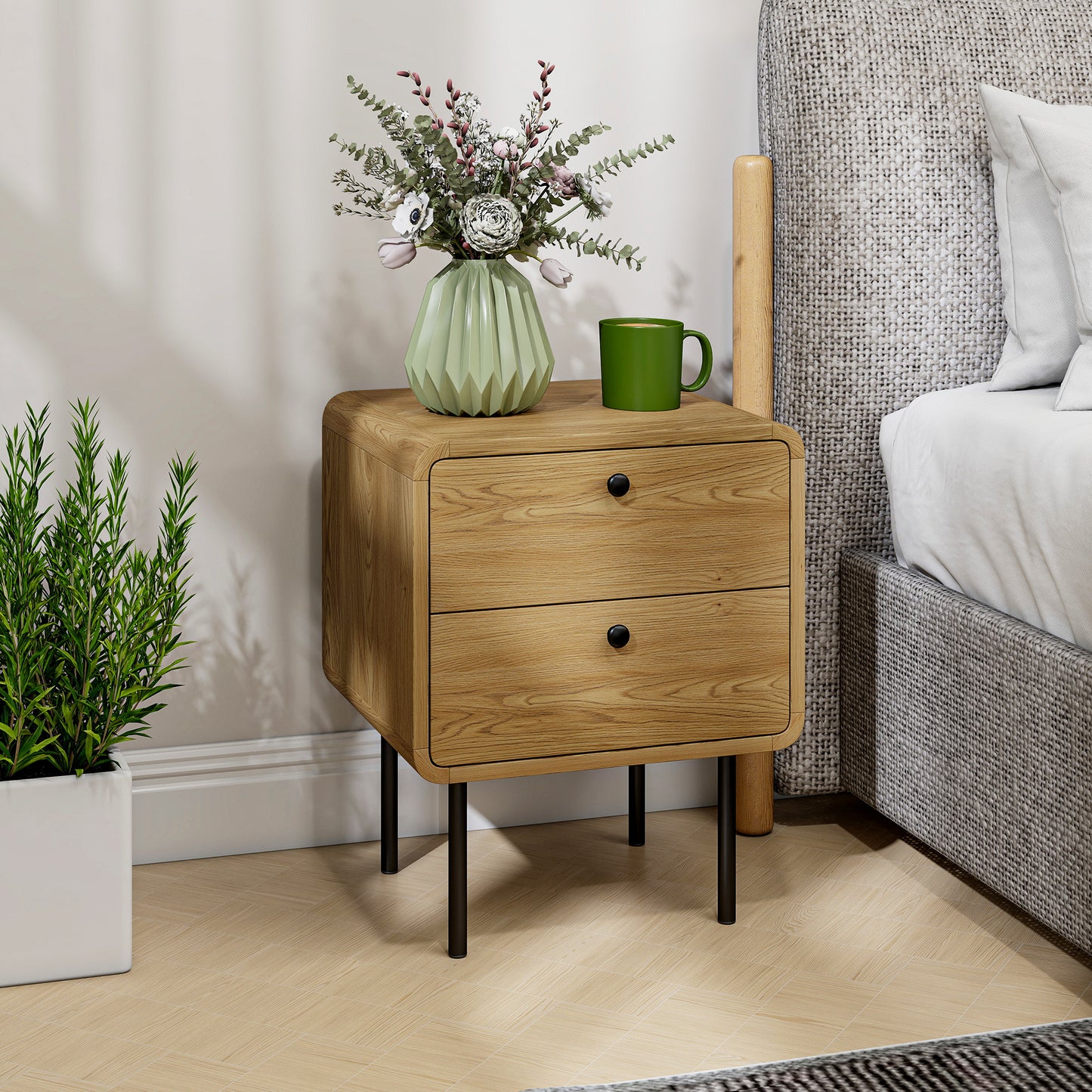 HOMCOM Bedside Table With 2 Drawers And Durable Steel Legs In Oak Finish For Modern Bedroom Storage And Organization