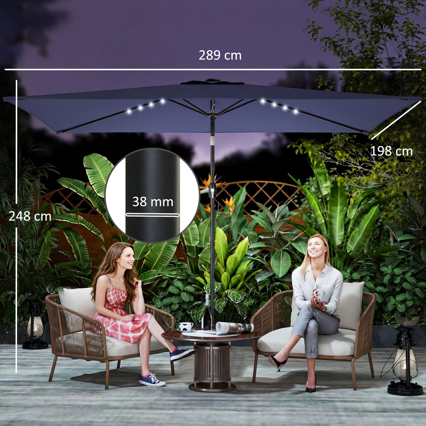 Outsunny 3 x 2 m Garden Parasol With LED Solar Lights Outdoor Market Patio Umbrella Navy Blue
