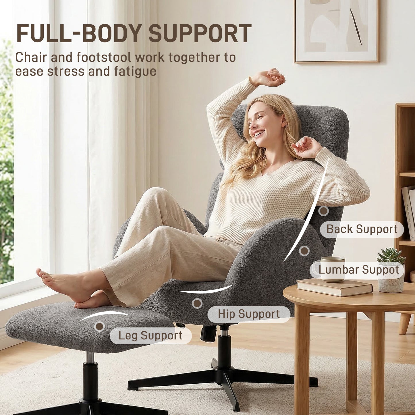 HOMCOM Swivel Armchair And Footstool Set With Adjustable Headrest Height Adjustable Rocking Function In Grey