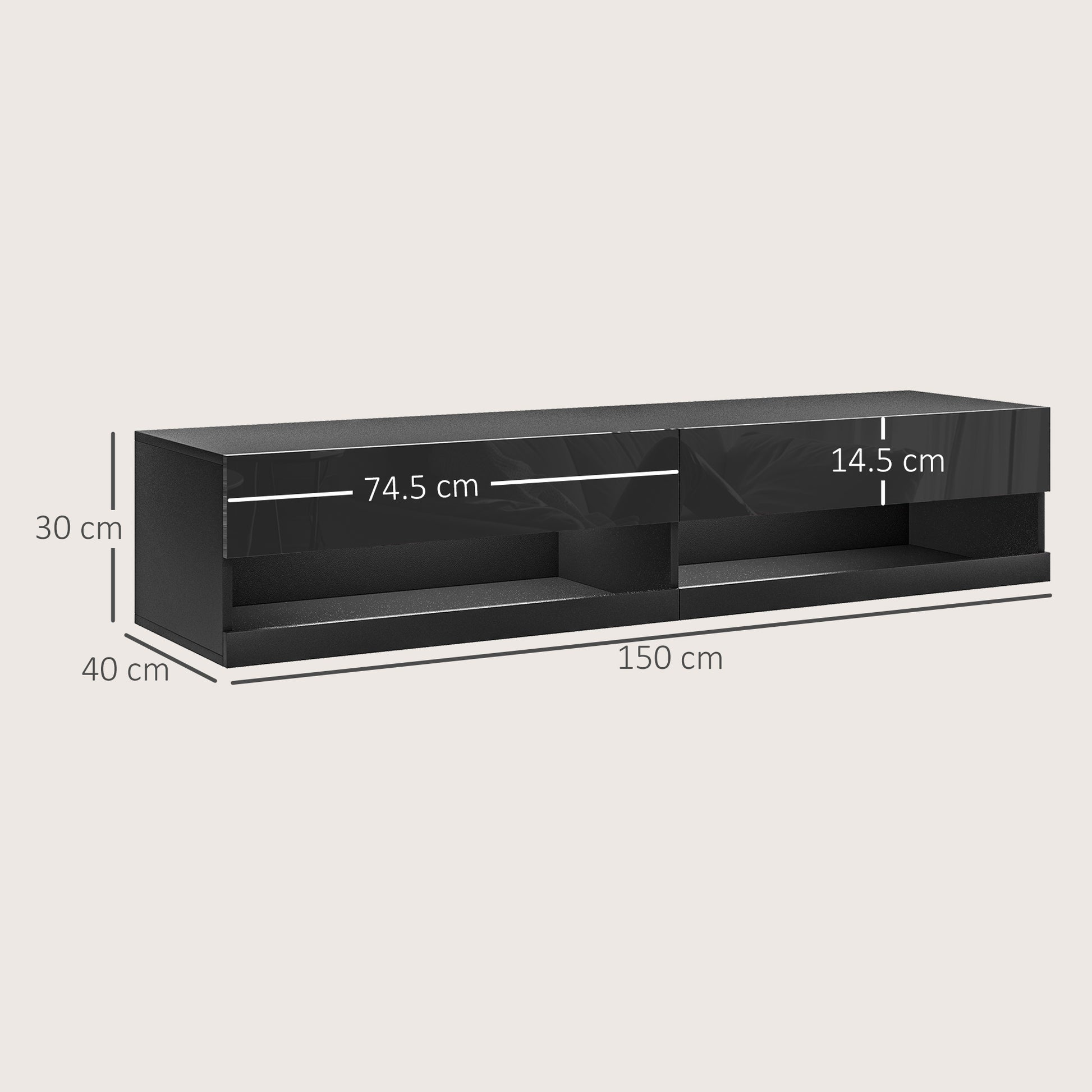 HOMCOM Modern Wall-Mounted Floating TV Cabinet with LED Lighting and Storage Shelves, High Gloss Black Finish - ALL4U RETAILER LTD