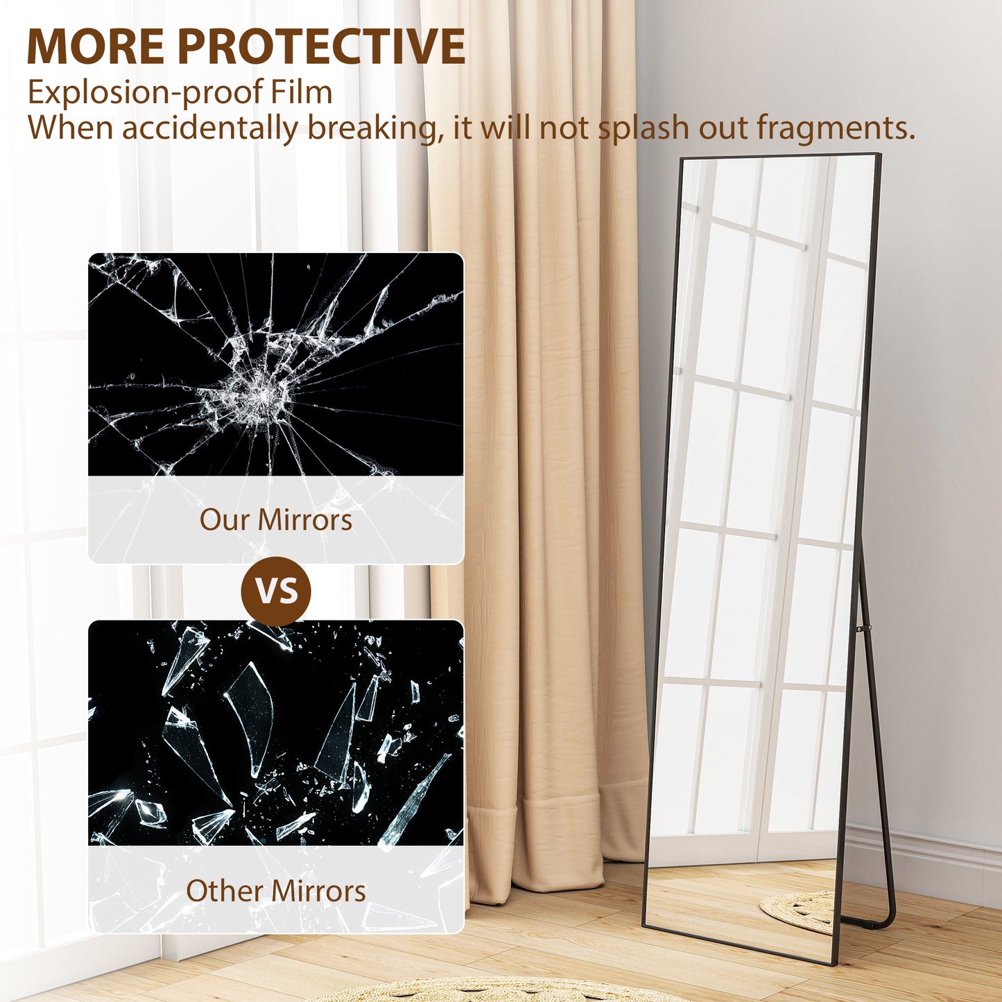 HOMCOM Full Length Mirror With Aluminium Alloy Frame And Tempered Glass Standing Or Wall Hanging Black