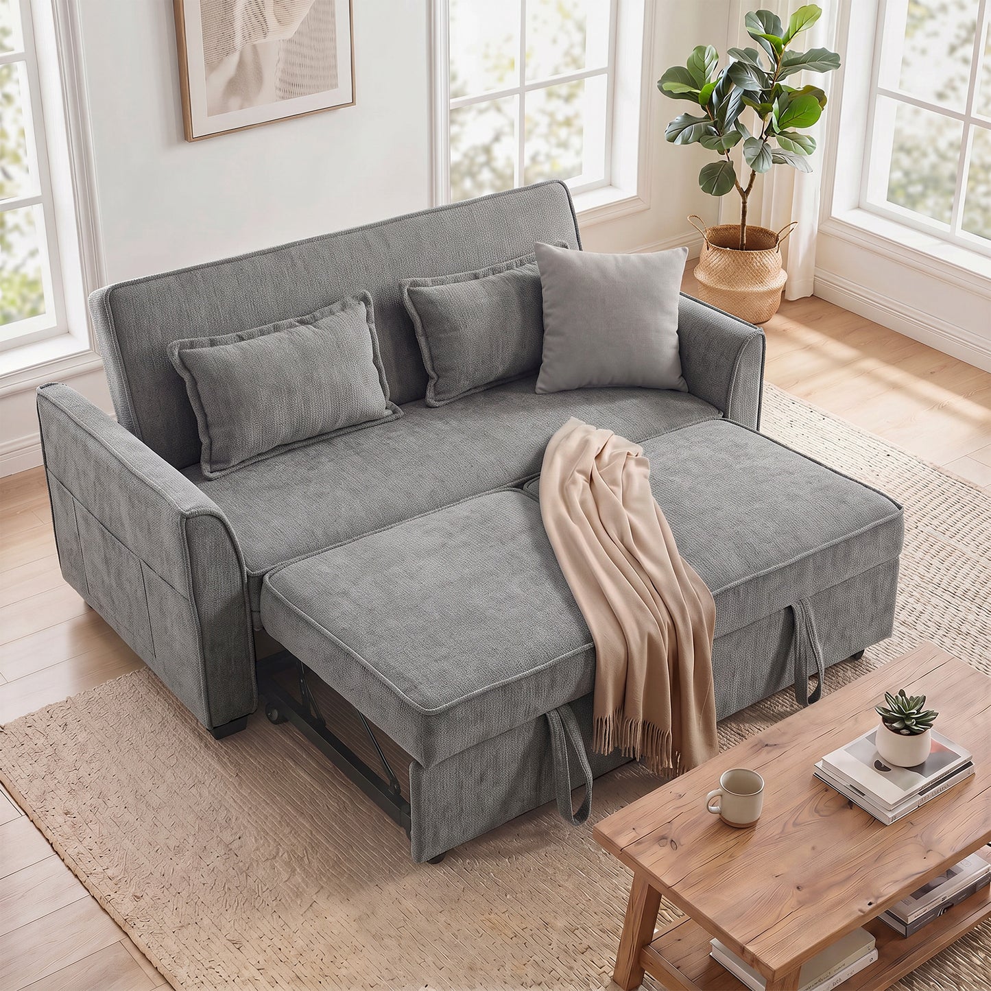HOMCOM 2 Seater Sofa Bed 4 In 1 L Shaped Convertible Pull Out Sleeper With Adjustable Backrest And Side Pockets Grey