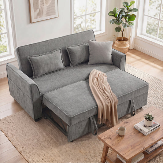 Grey 2-seater sofa bed with pull-out chaise, padded cushions, and side storage pockets