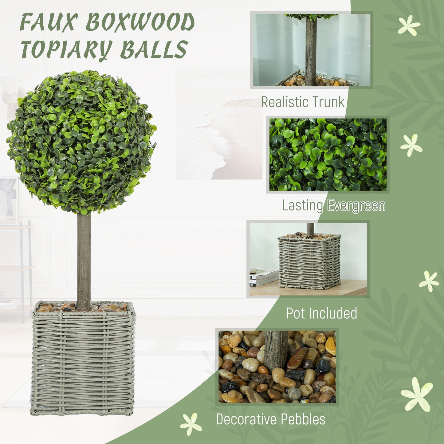 HOMCOM Set of 2 Decorative Artificial Plants 50cm Boxwood Topiary Balls in Woven Plastic Pots for Home Office Decor Green