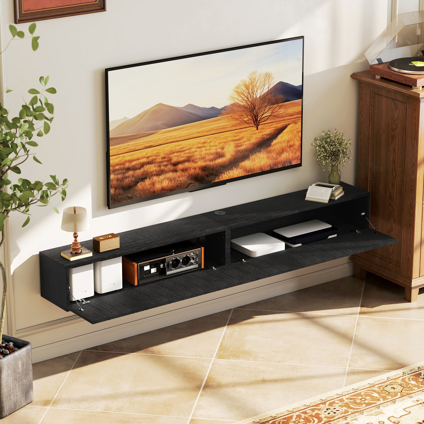 HOMCOM 180cm Floating TV Stand Wall Mount TV Unit With Cable Management Holds Up To 72 Inch TV Black