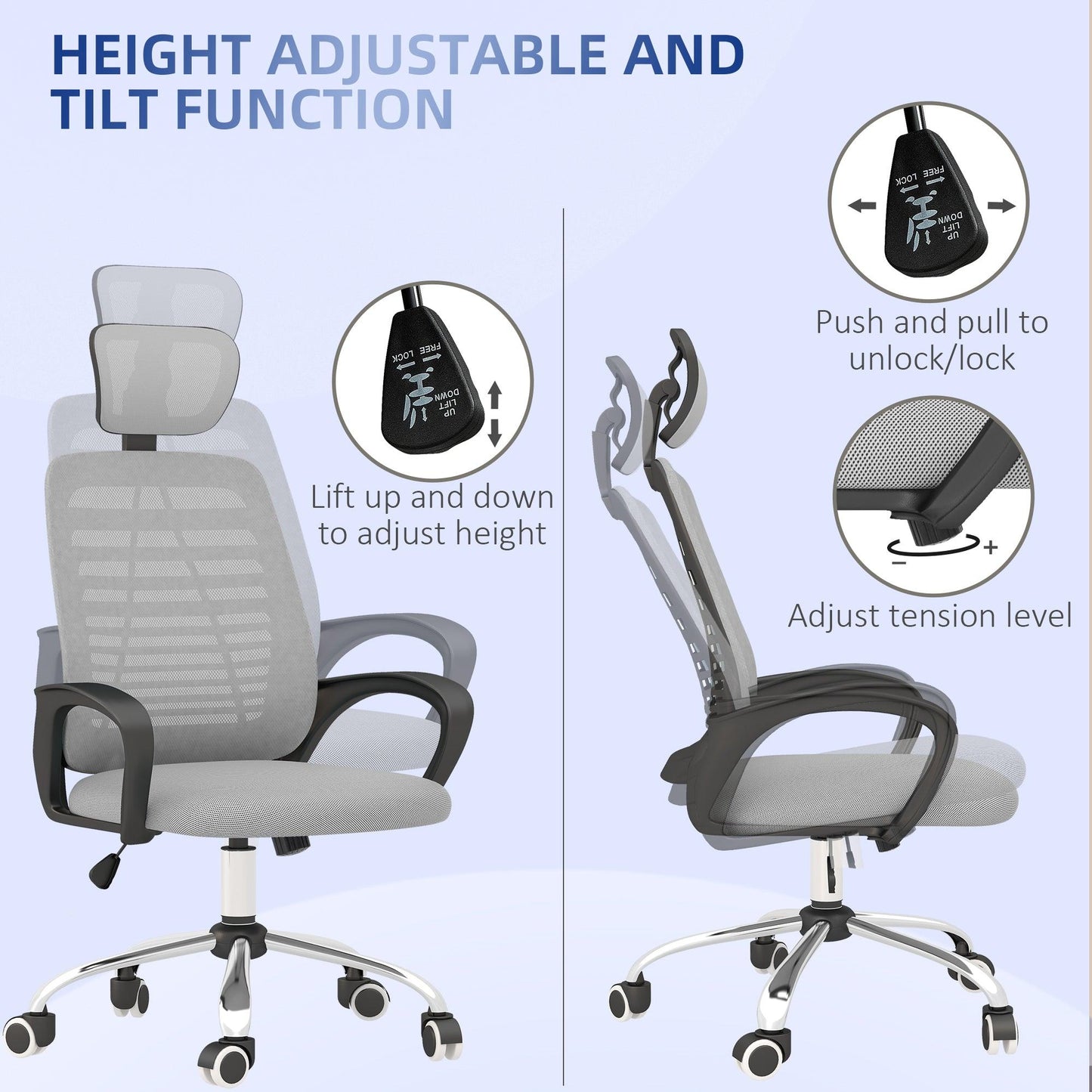 Vinsetto Ergonomic Office Chair, Mesh Desk Chair with Rotatable Headrest, Lumbar Back Support, Armrest, Grey - ALL4U RETAILER LTD