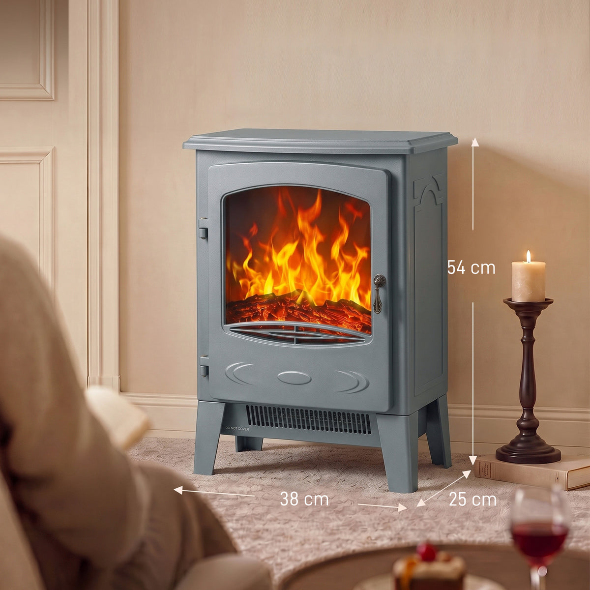 HOMCOM Freestanding Electric Fireplace Realistic Flame Dual Heat Settings Grey