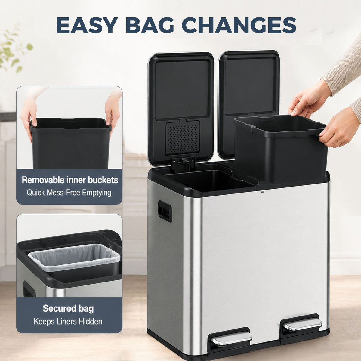 Homcom Dual Compartment Kitchen Bin 2X20L Stainless Steel Pedal Soft Close