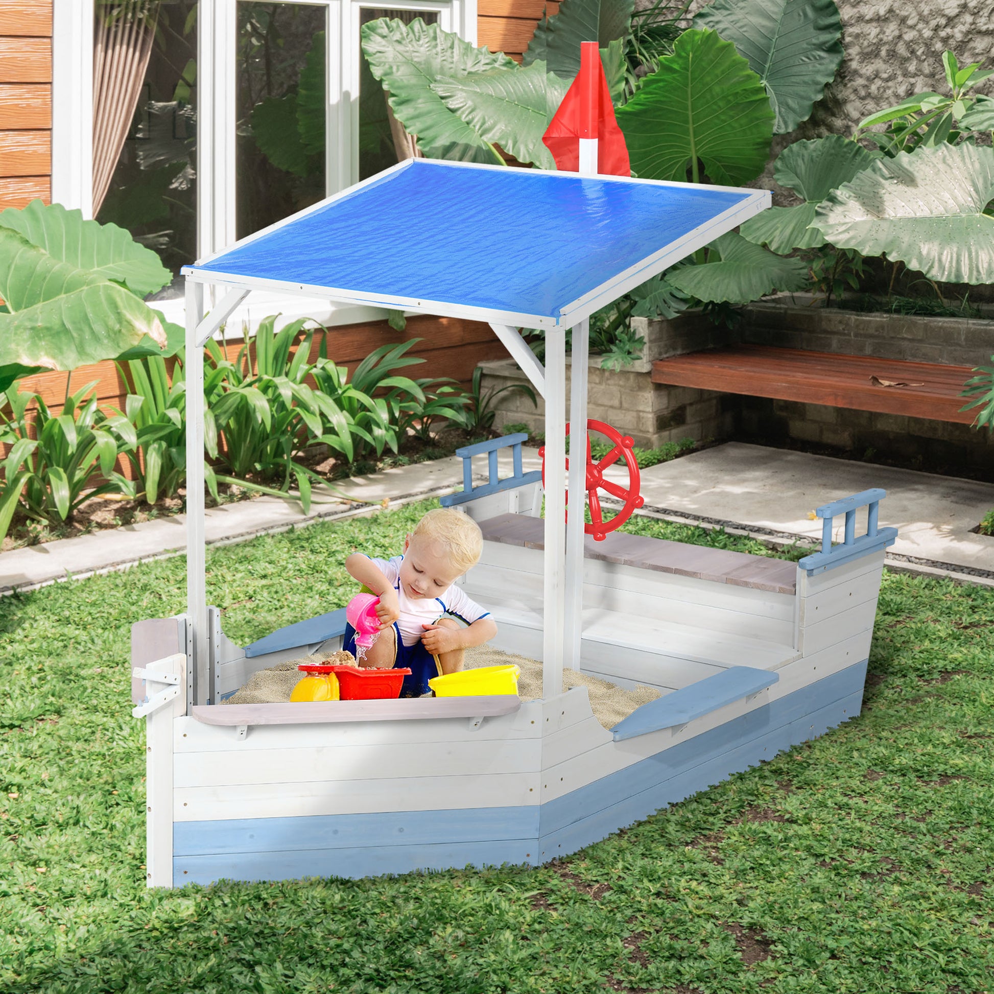 ZONEKIZ Children's Outdoor Wooden Sandpit with UV Canopy - Pirate Ship Design for Ages 3-8 - Blue - ALL4U RETAILER LTD