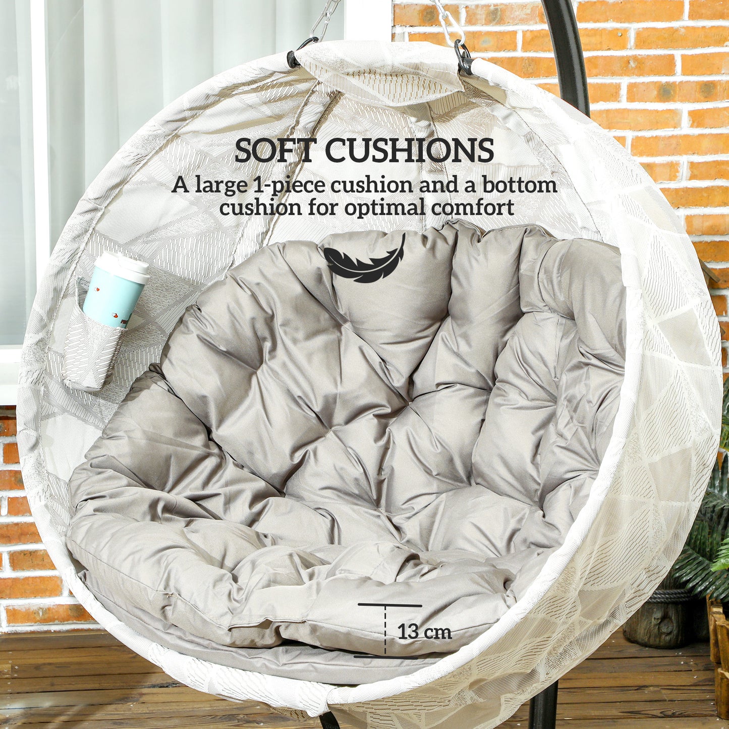 Outsunny Hanging Egg Chair With Stand For Patio Garden Swing Thickened Cushion Cup Holder And Folding Basket Sand Brown