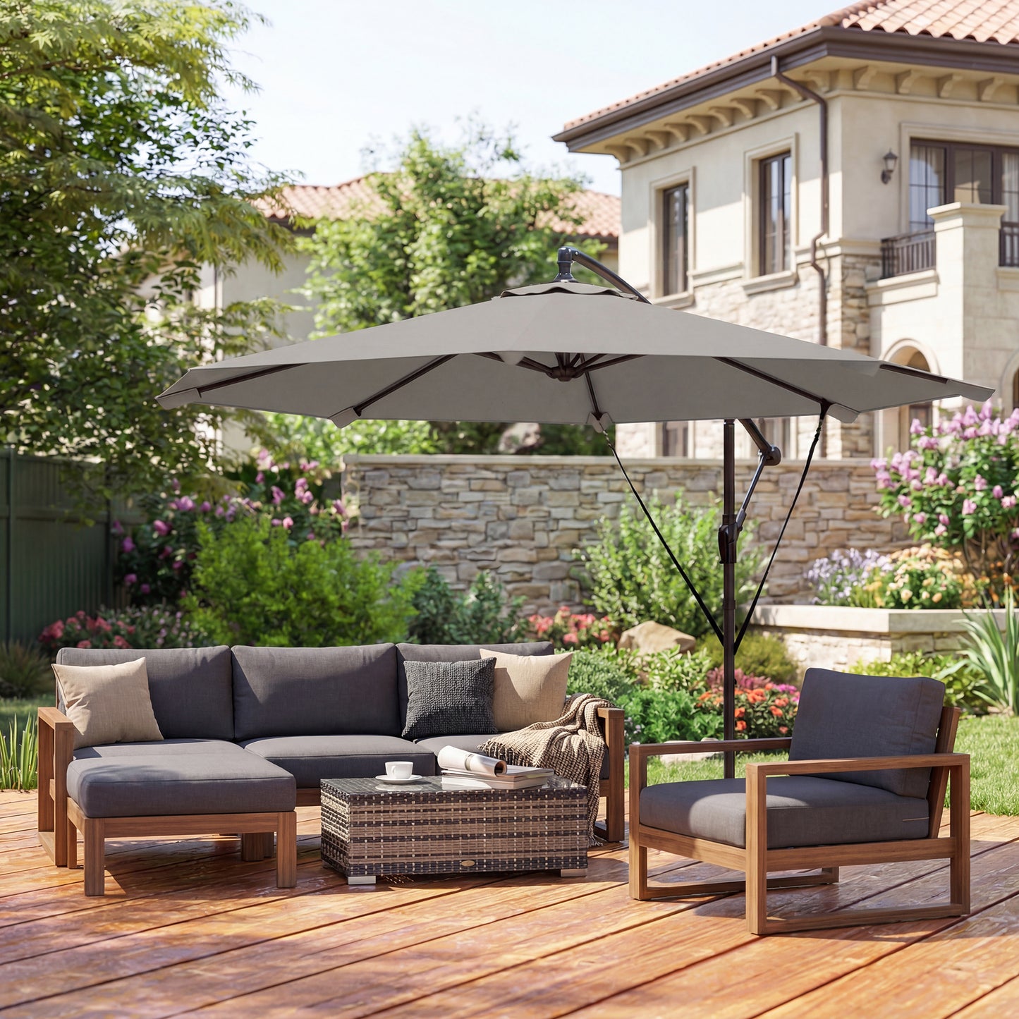 Outsunny 3 Meter Cantilever Parasol With Protective Cover And Wind Ropes Banana Parasol With Crank Handle Light Grey