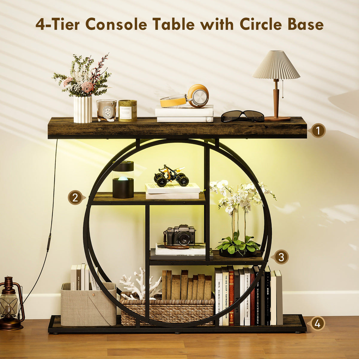 Industrial console table with circular base, 4-tier open shelves, dark wood tabletop.