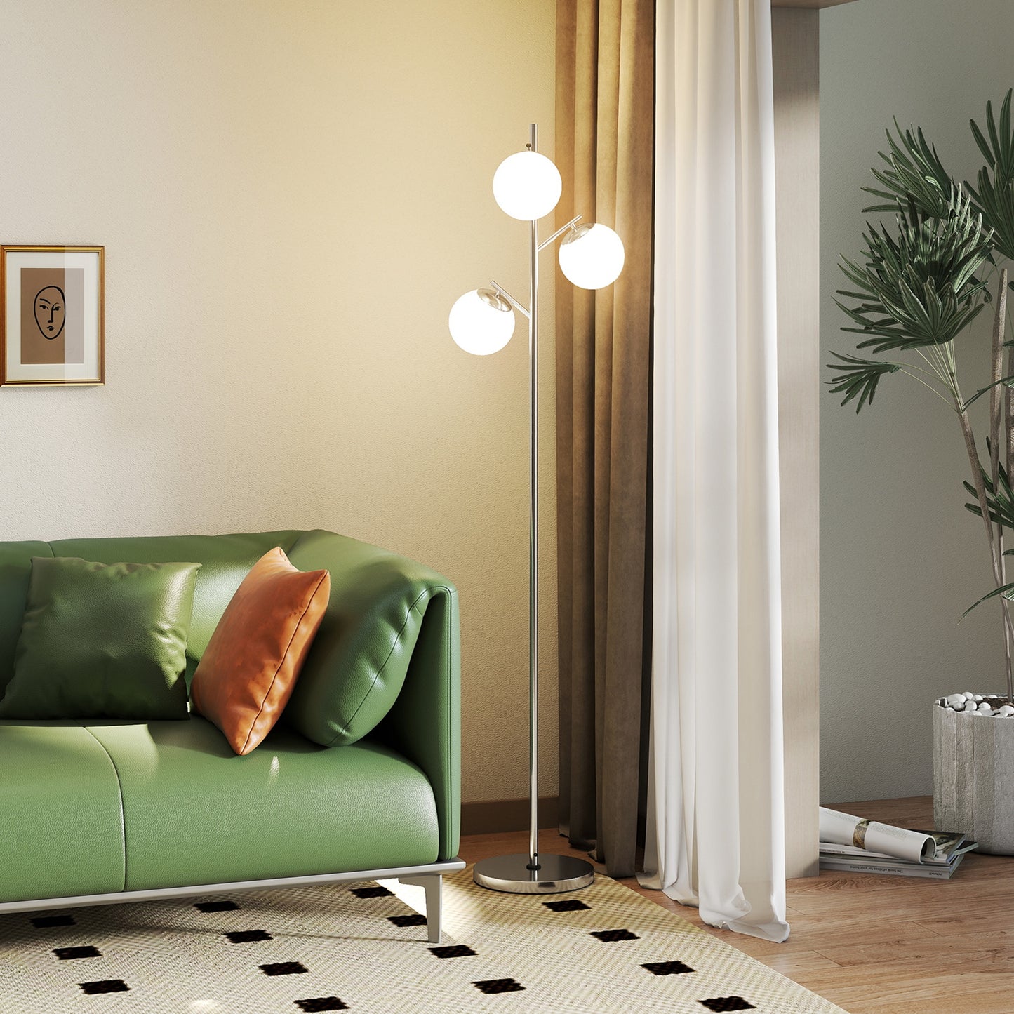 HOMCOM 3 Light Tree Floor Lamp With Globe Shades Modern Standing Lamp Living Room Bedroom 3000K 4000K 6000K Silver Tone