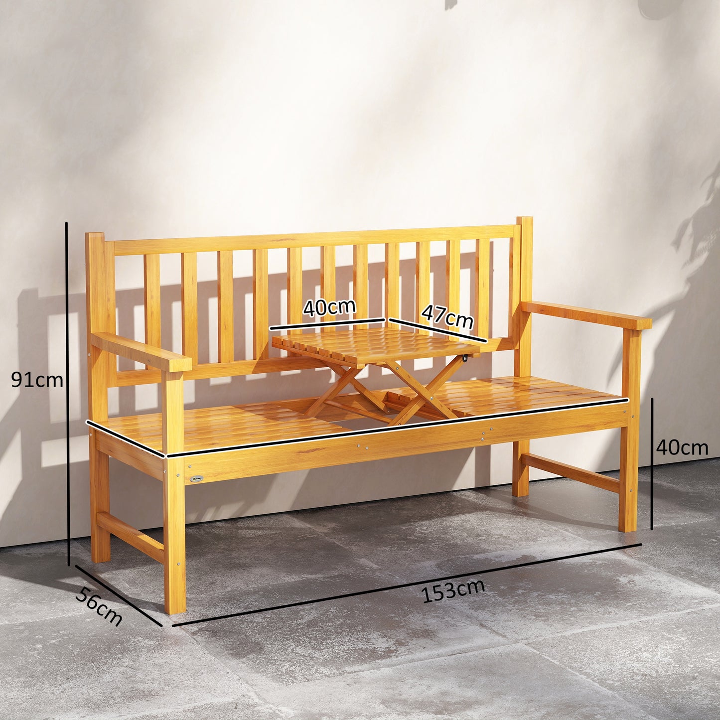 Outsunny Wooden Bench With Liftable Middle Table Outdoor Garden Loveseat For Patio And Porch Seats Two To Three