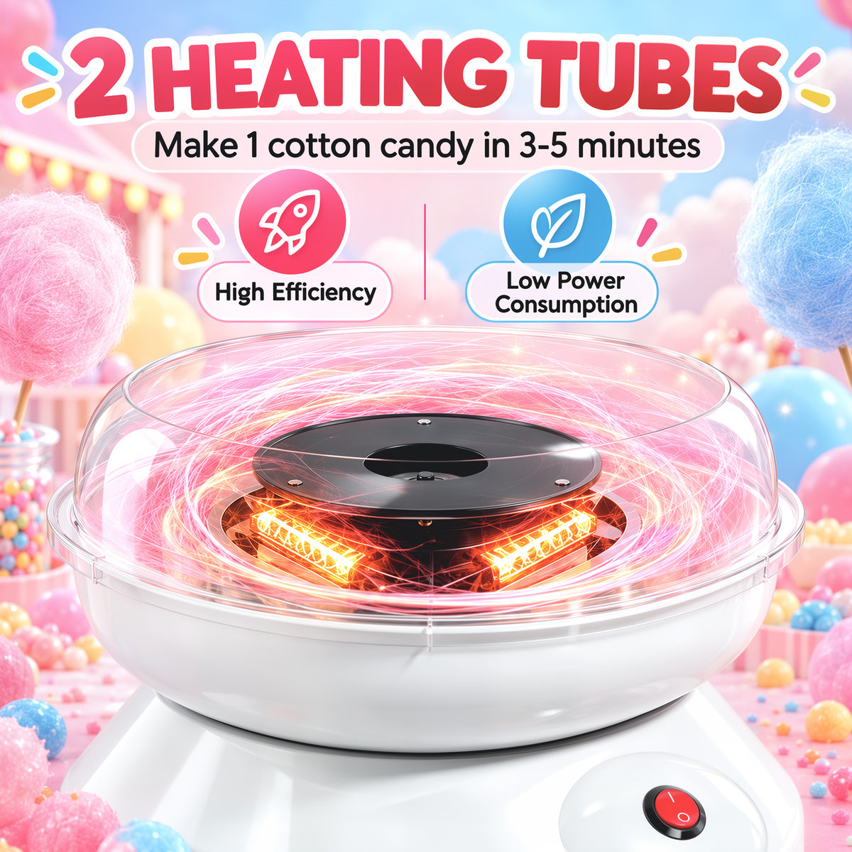 Electric cotton candy maker with heated base under clear bowl and red power button