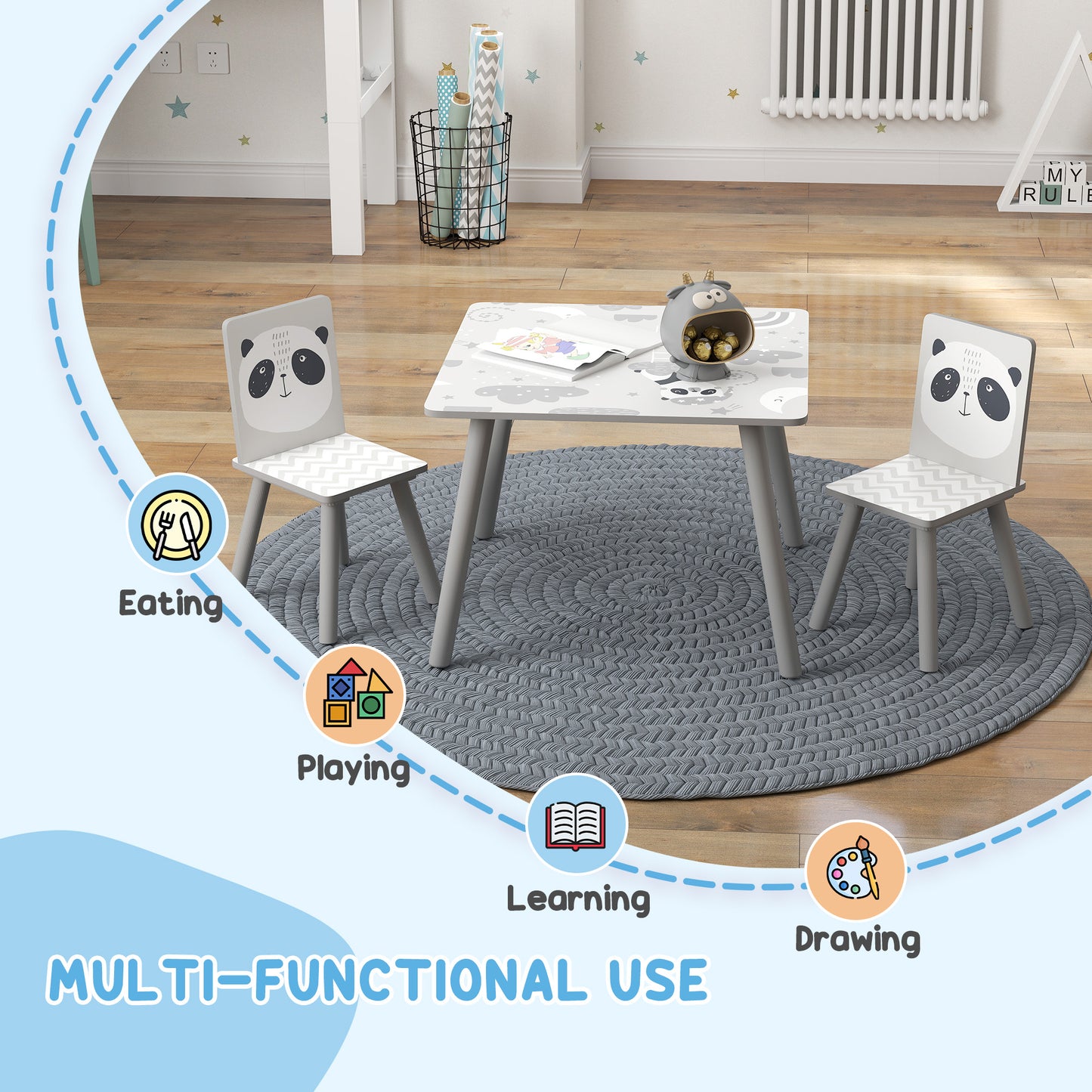 Zonekiz Kids Table And Chair Set For Ages 3 To 8 Grey Toddler Table With 2 Chairs