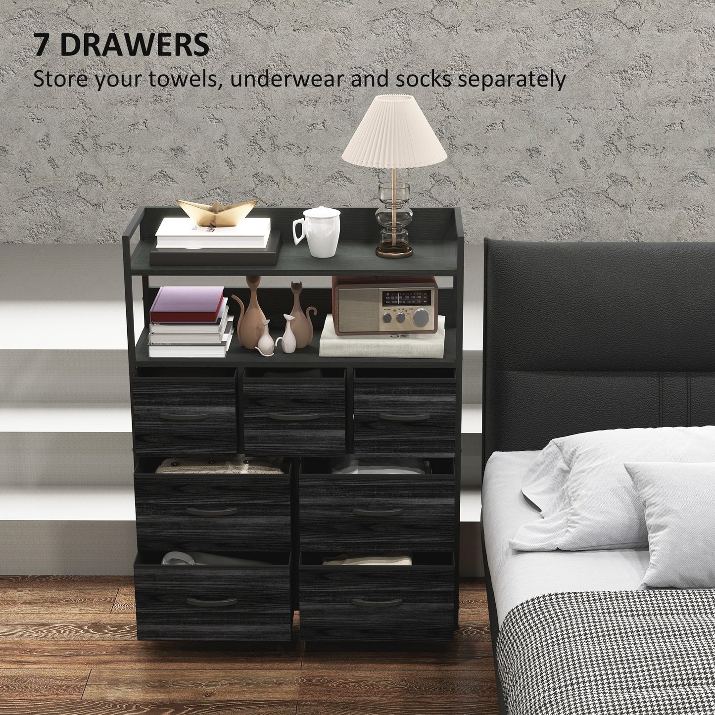 HOMCOM Rustic Chest of Seven Fabric Drawers in Black for Bedroom Storage Solutions