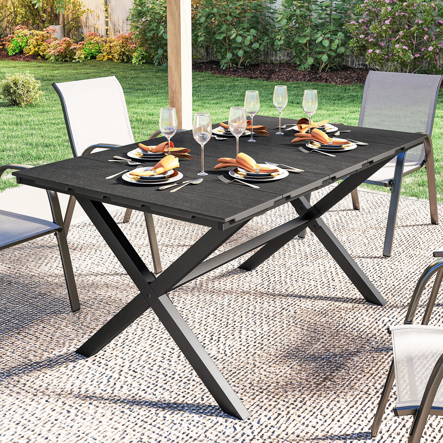 Outsunny Garden Dining Table for 6 with Wood Effect HDPE Top and X Shaped Metal Legs Black