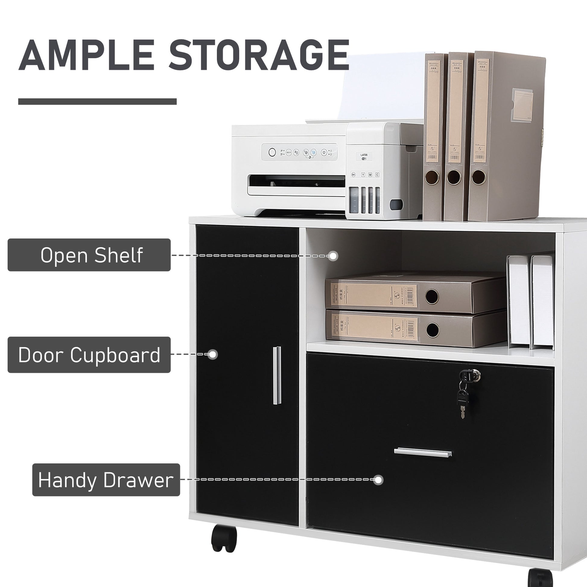 HOMCOM Mobile Lockable Filing Cabinet with Printer Stand and Wheels – Multi-Functional Office Organizer - ALL4U RETAILER LTD