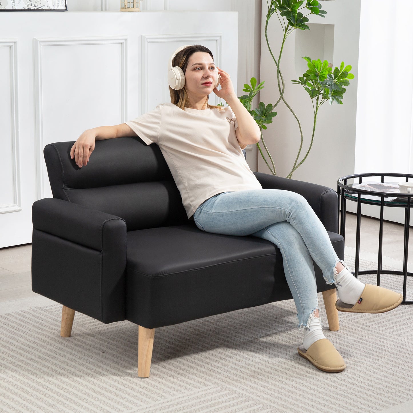 HOMCOM Small Faux Leather 2 Seater Sofa Set Black Compact Loveseat for Small Rooms