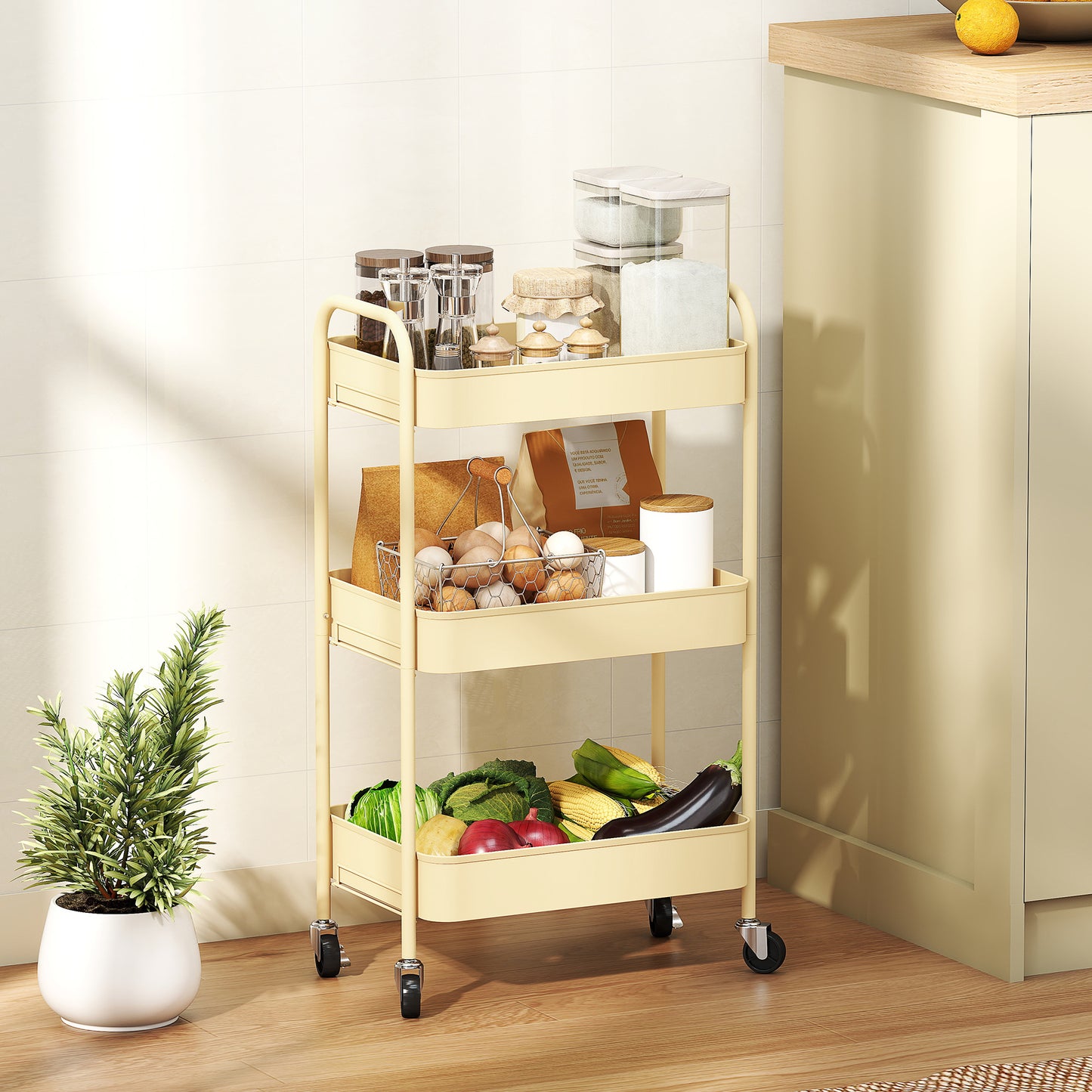 HOMCOM Three Tier Steel Storage Trolley With Baskets Yellow Rolling Cart For Kitchen Laundry Home Organization