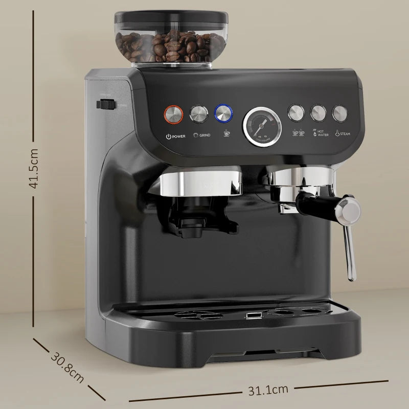 HOMCOM 15 Bar Espresso Coffee Machine with Adjustable Grinder, Steamer, and Accessories - ALL4U RETAILER LTD