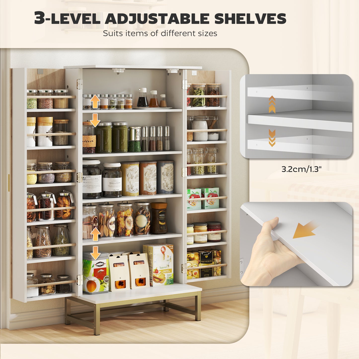 HOMCOM 119.5 cm Freestanding Kitchen Cabinet With Double Doors, 5 Tiers, 12 Spice Racks, White