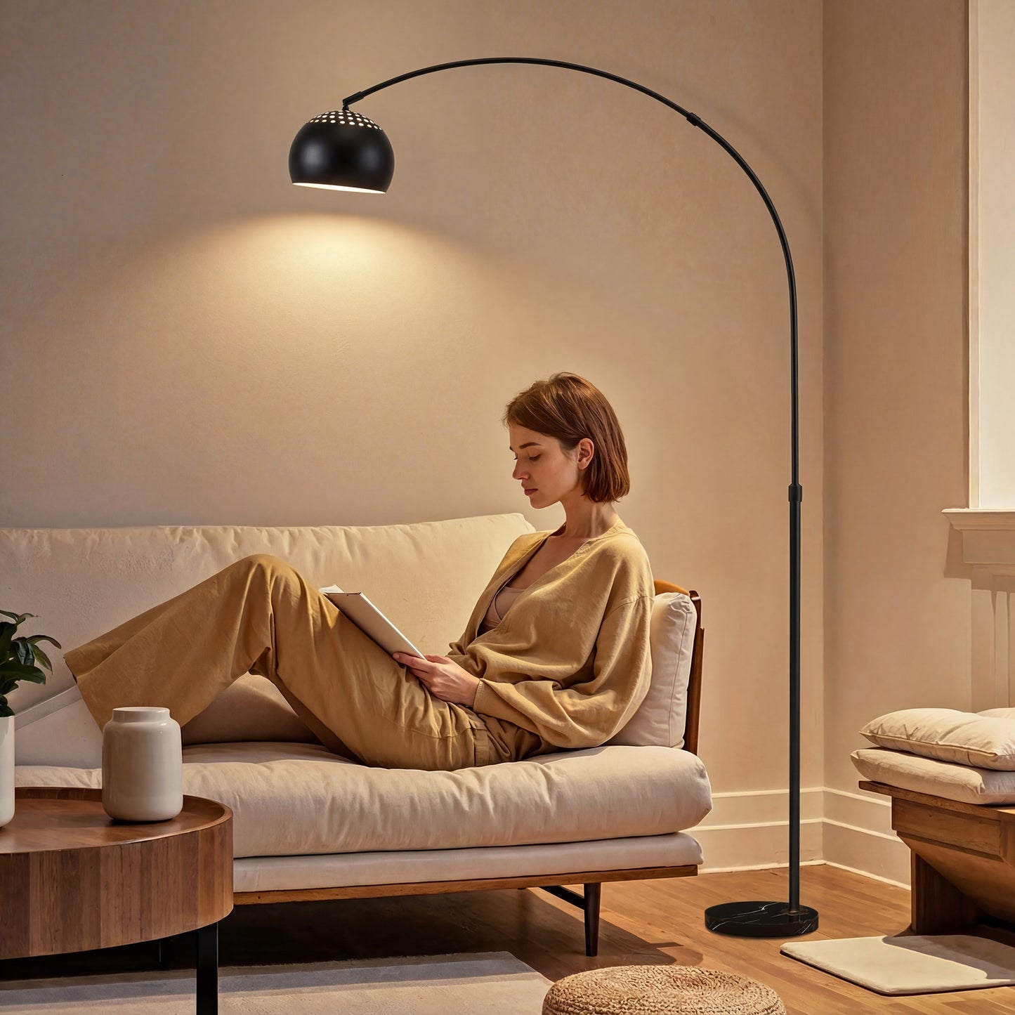HOMCOM Arc Floor Lamp With Faux Black Marble Base Modern Adjustable Standing Lamp For Living Room