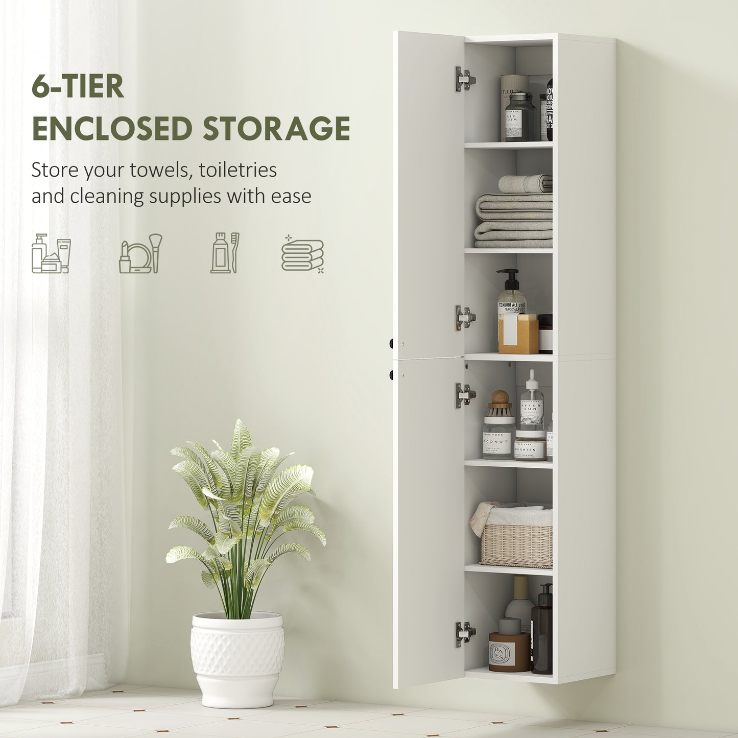 HOMCOM Wall Mounted Tall Bathroom Storage Cabinet With Soft Close Hinges Slim Two Door Bathroom Cabinet White