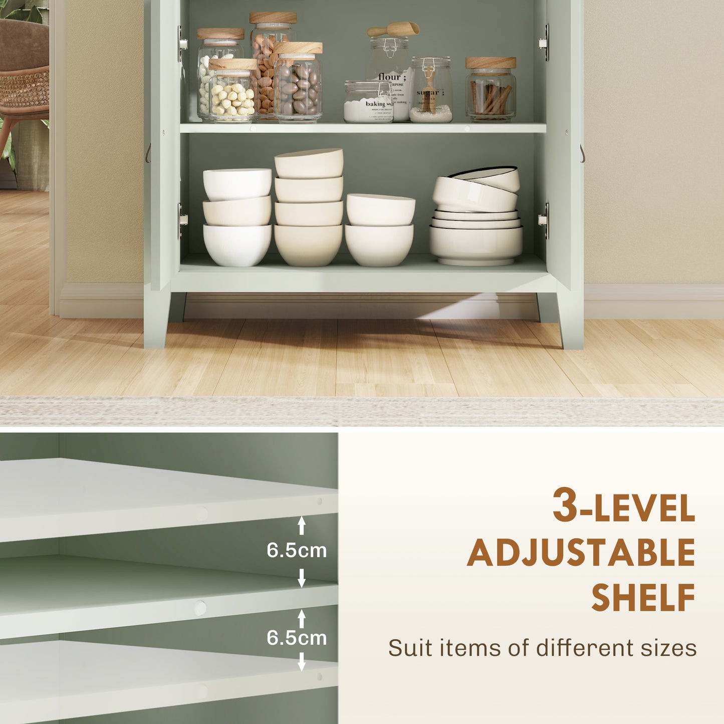 HOMCOM Farmhouse Style Sideboard Light Green With Wood Effect Top And Faux Leather Handles For Kitchen Or Living Room