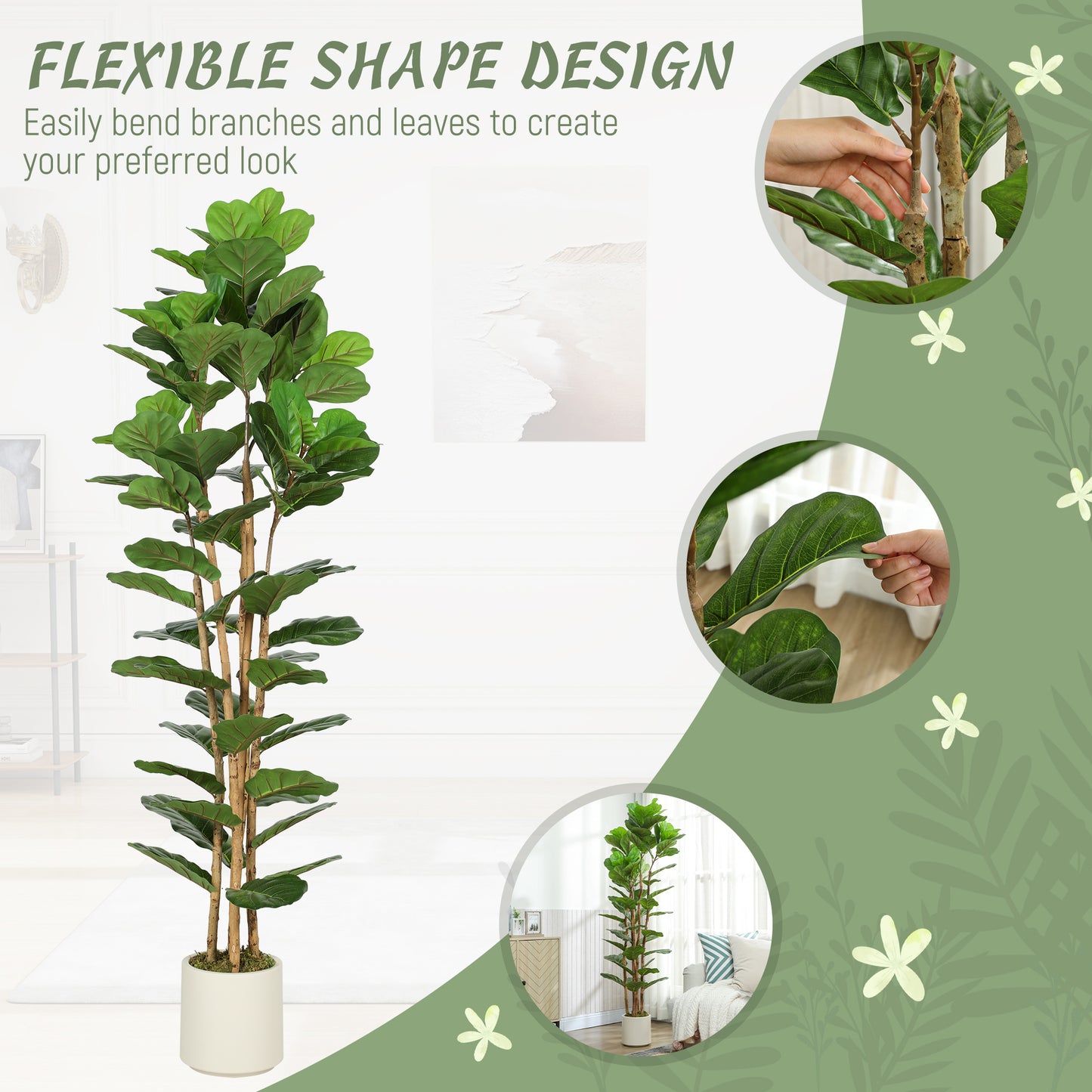 Homcom 180cm Artificial Fiddle Leaf Fig Tree Green Realistic Leaves Maintenance Free Home Decor