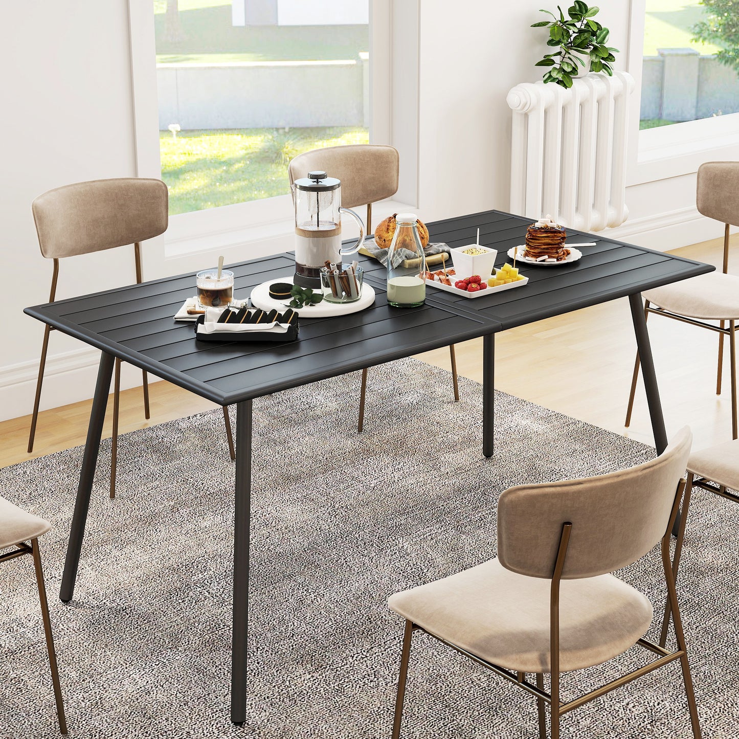 Outsunny Rectangle Garden Table With Slat Top And Steel Frame For Outdoor Use Seats 6 150x80x74 cm Black