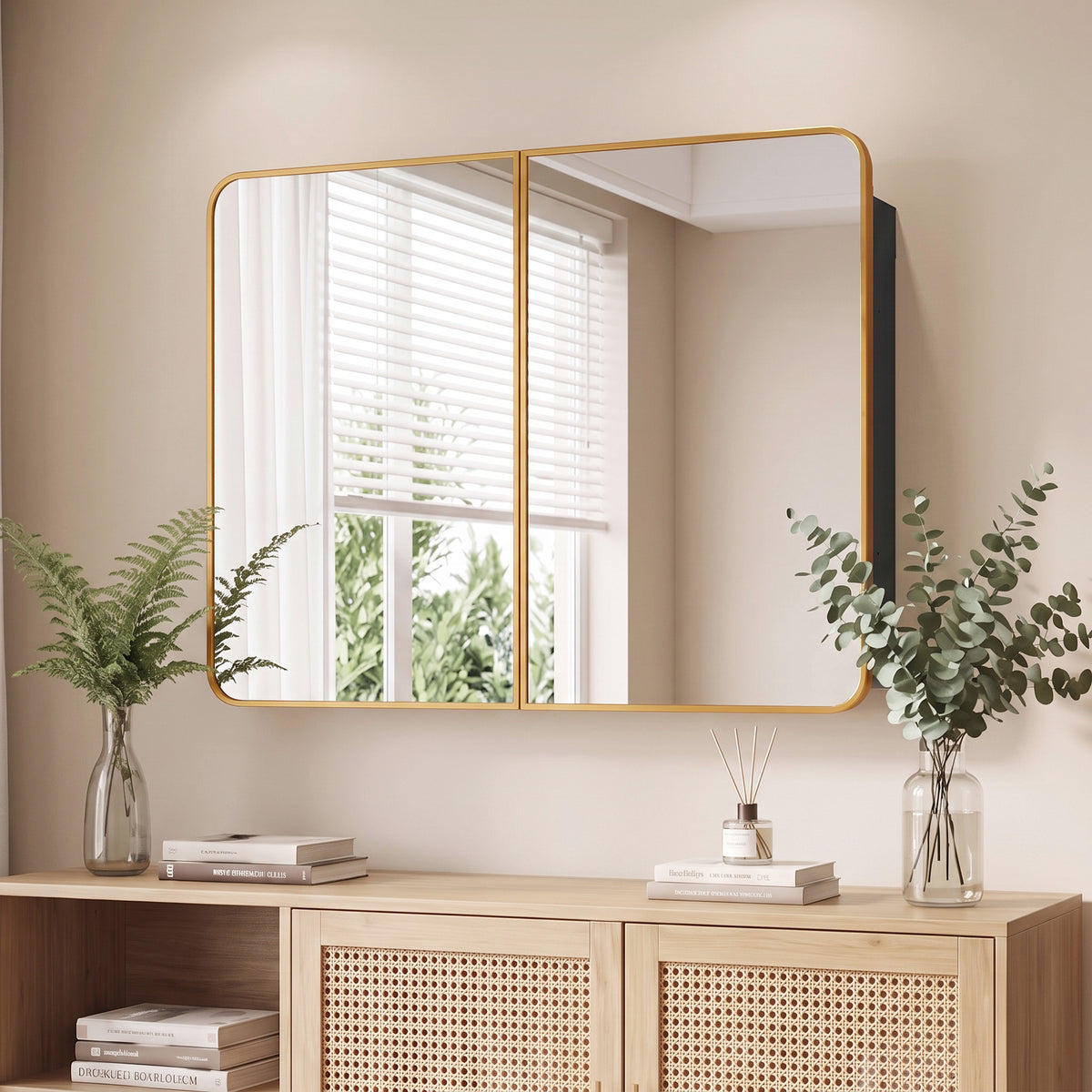 Gold-tone wall-mounted mirror cabinet with two glass doors and rectangular frame